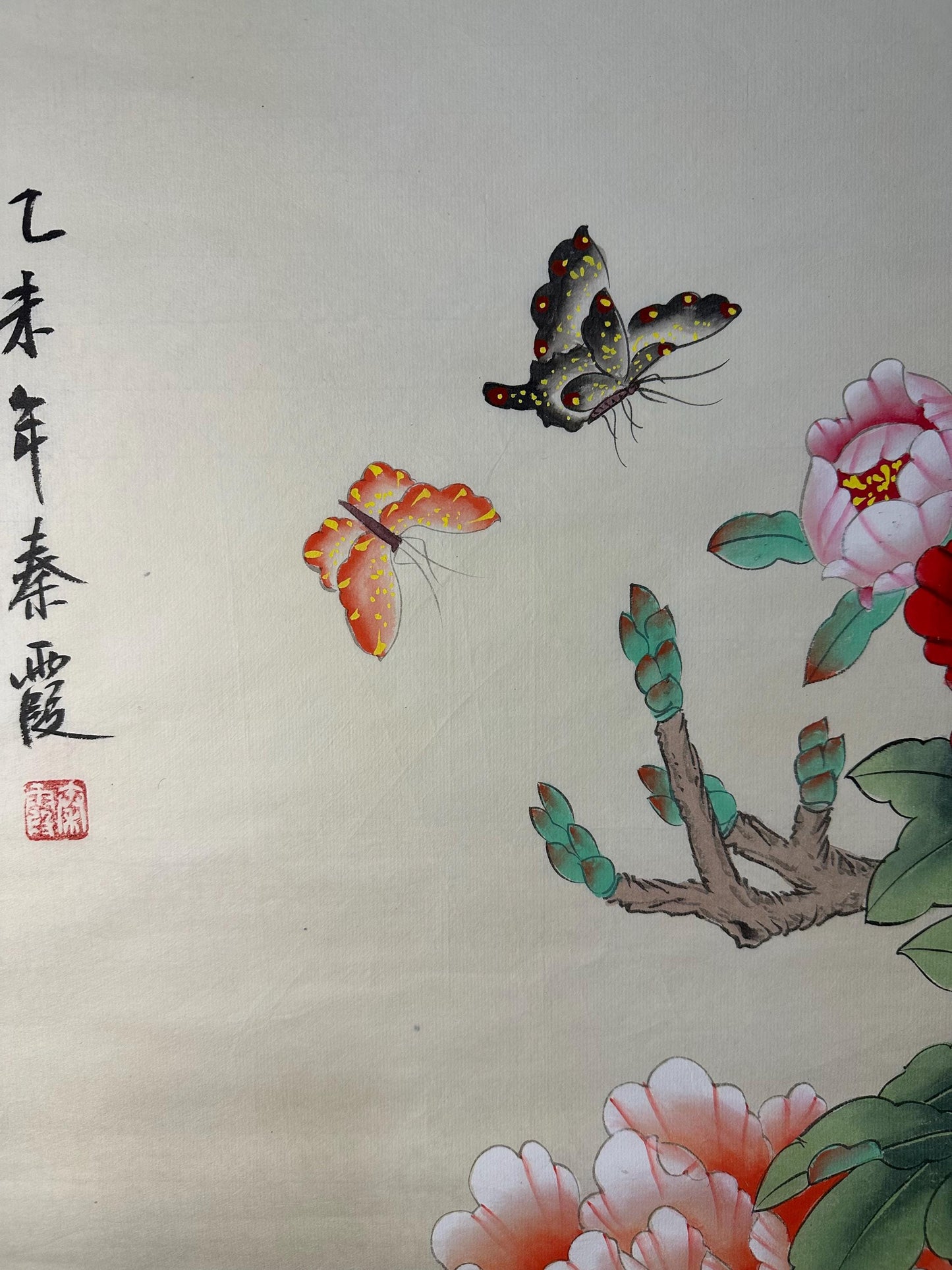 Original Chinese Gongbi Peony Painting with Butterflies, Hand Painted Floral Art, 26 × 26 Inch