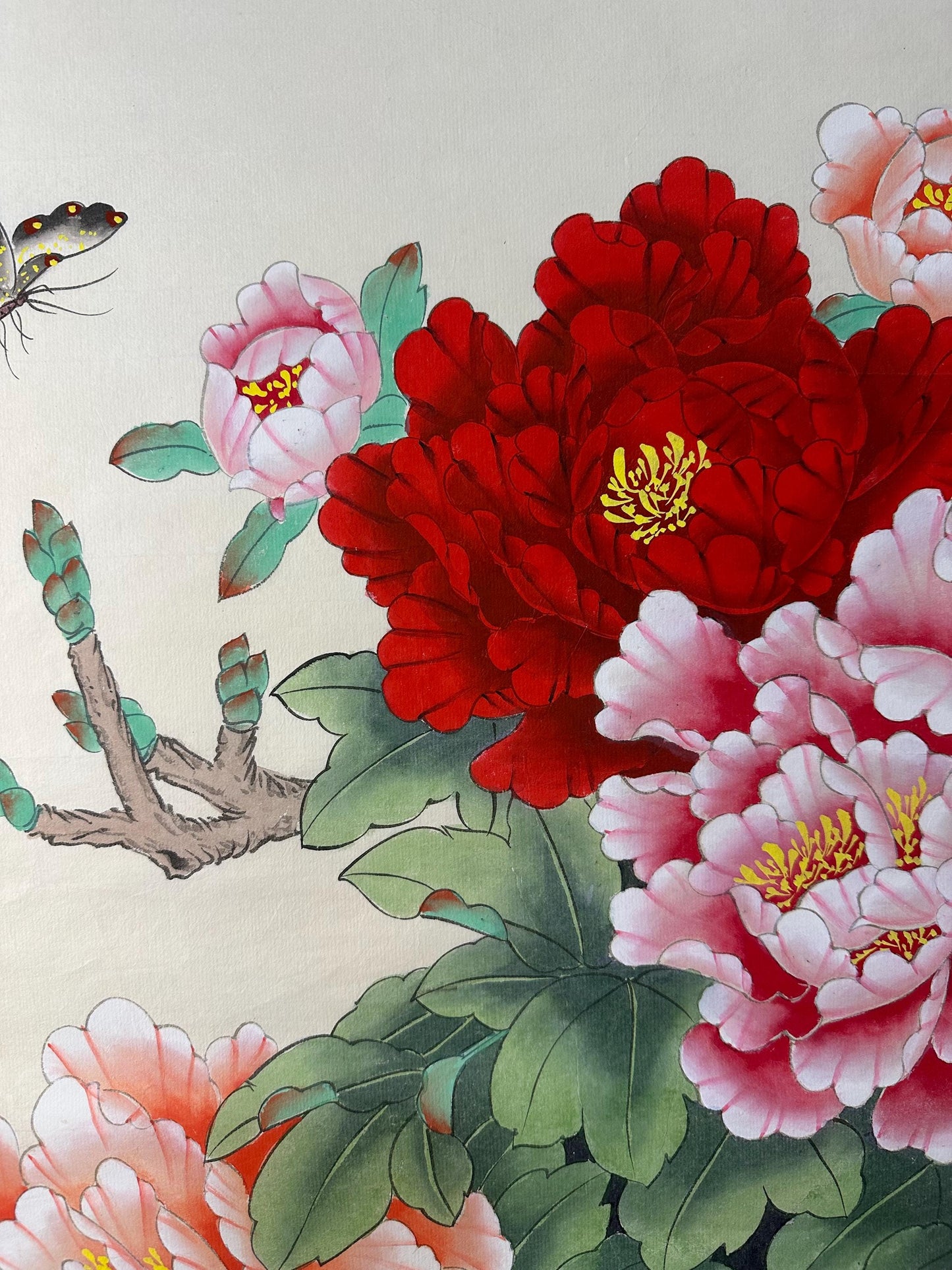 Original Chinese Gongbi Peony Painting with Butterflies, Hand Painted Floral Art, 26 × 26 Inch