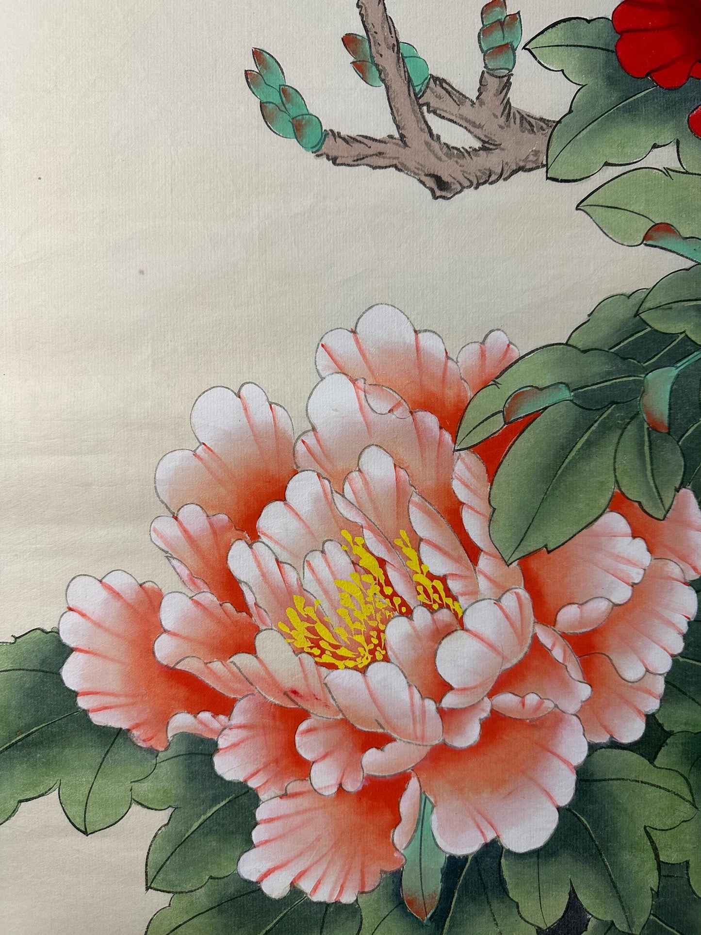 Original Chinese Gongbi Peony Painting with Butterflies, Hand Painted Floral Art, 26 × 26 Inch