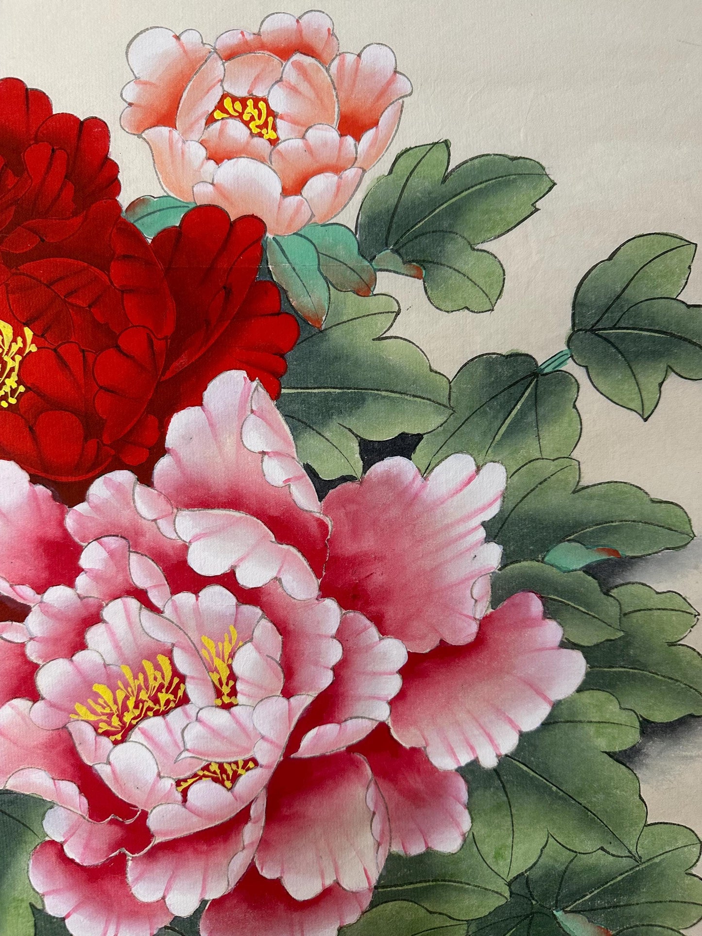 Original Chinese Gongbi Peony Painting with Butterflies, Hand Painted Floral Art, 26 × 26 Inch
