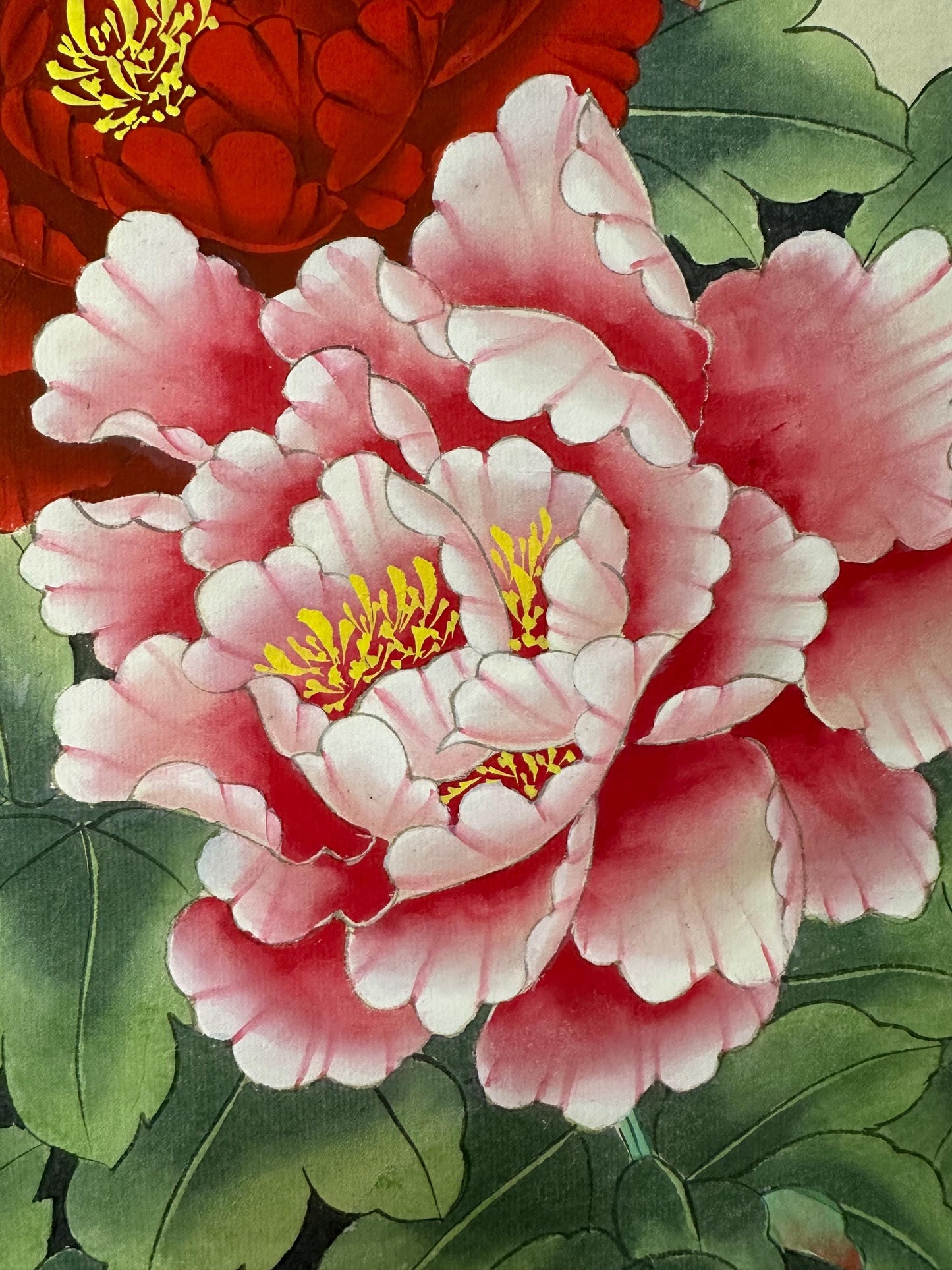 Original Chinese Gongbi Peony Painting with Butterflies, Hand Painted Floral Art, 26 × 26 Inch