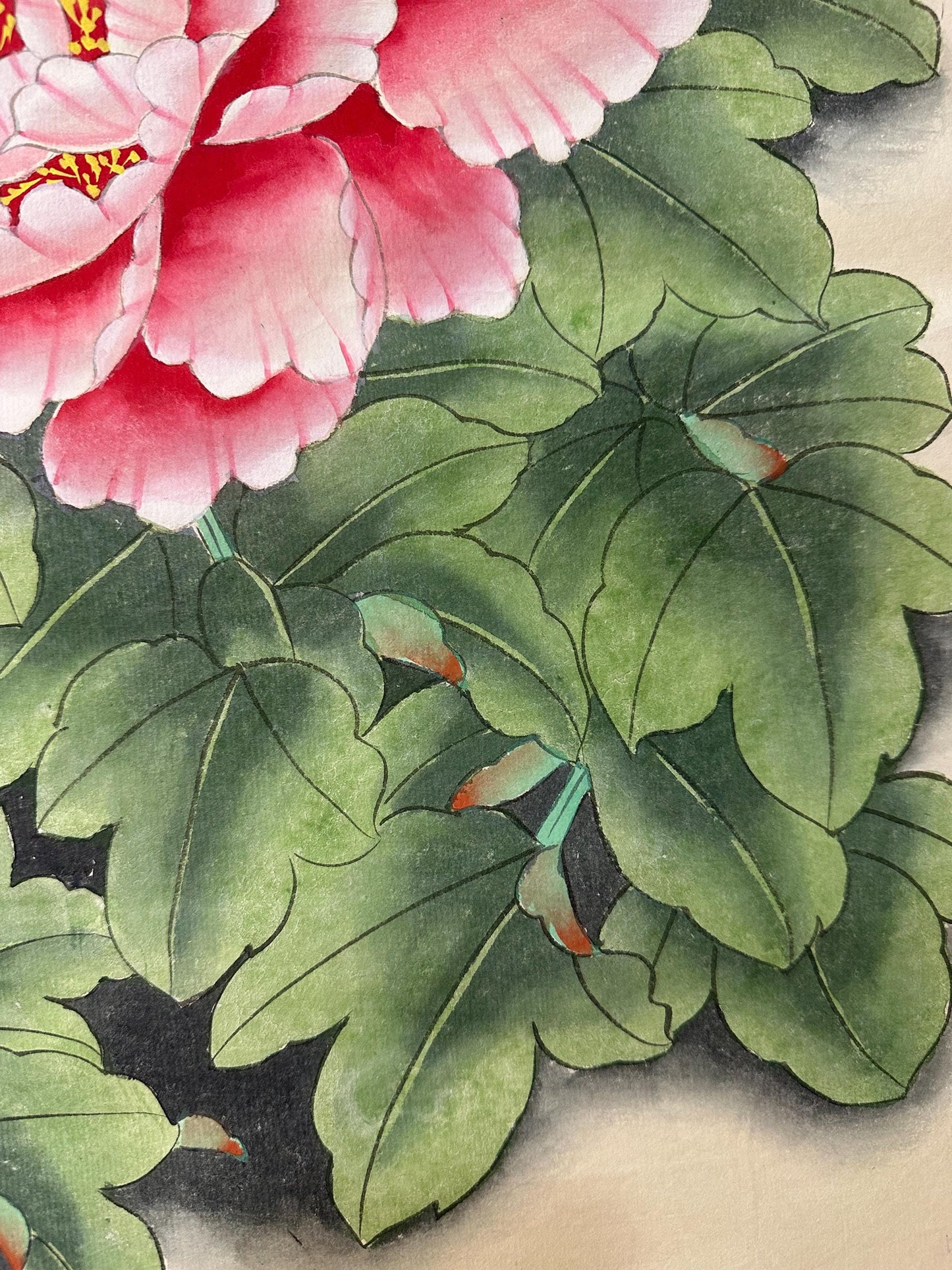 Original Chinese Gongbi Peony Painting with Butterflies, Hand Painted Floral Art, 26 × 26 Inch