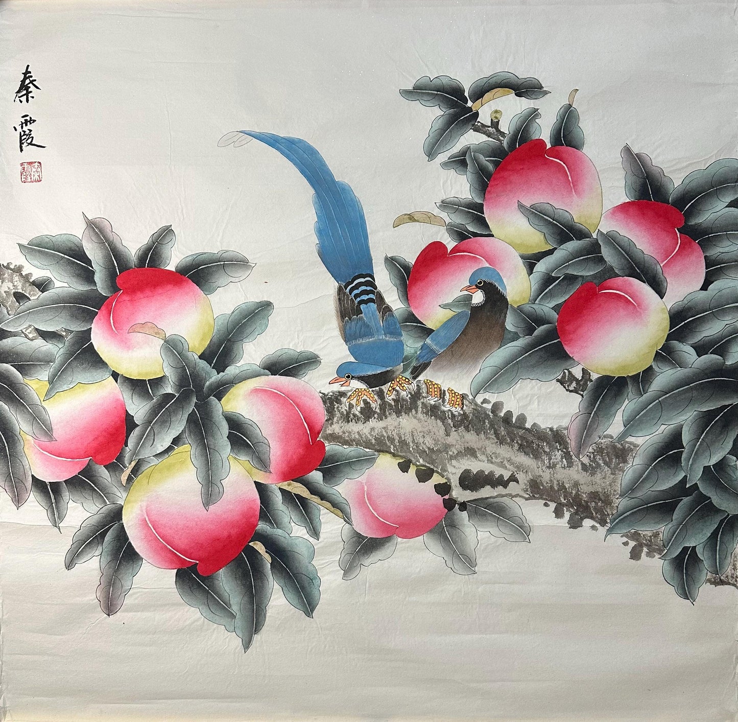 Original Chinese Gongbi Peach Painting with Two Birds, Hand Painted Chinese Art, 26 × 26 Inch