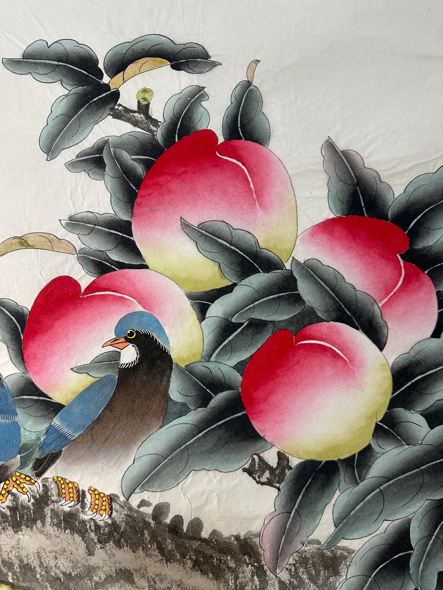 Original Chinese Gongbi Peach Painting with Two Birds, Hand Painted Chinese Art, 26 × 26 Inch