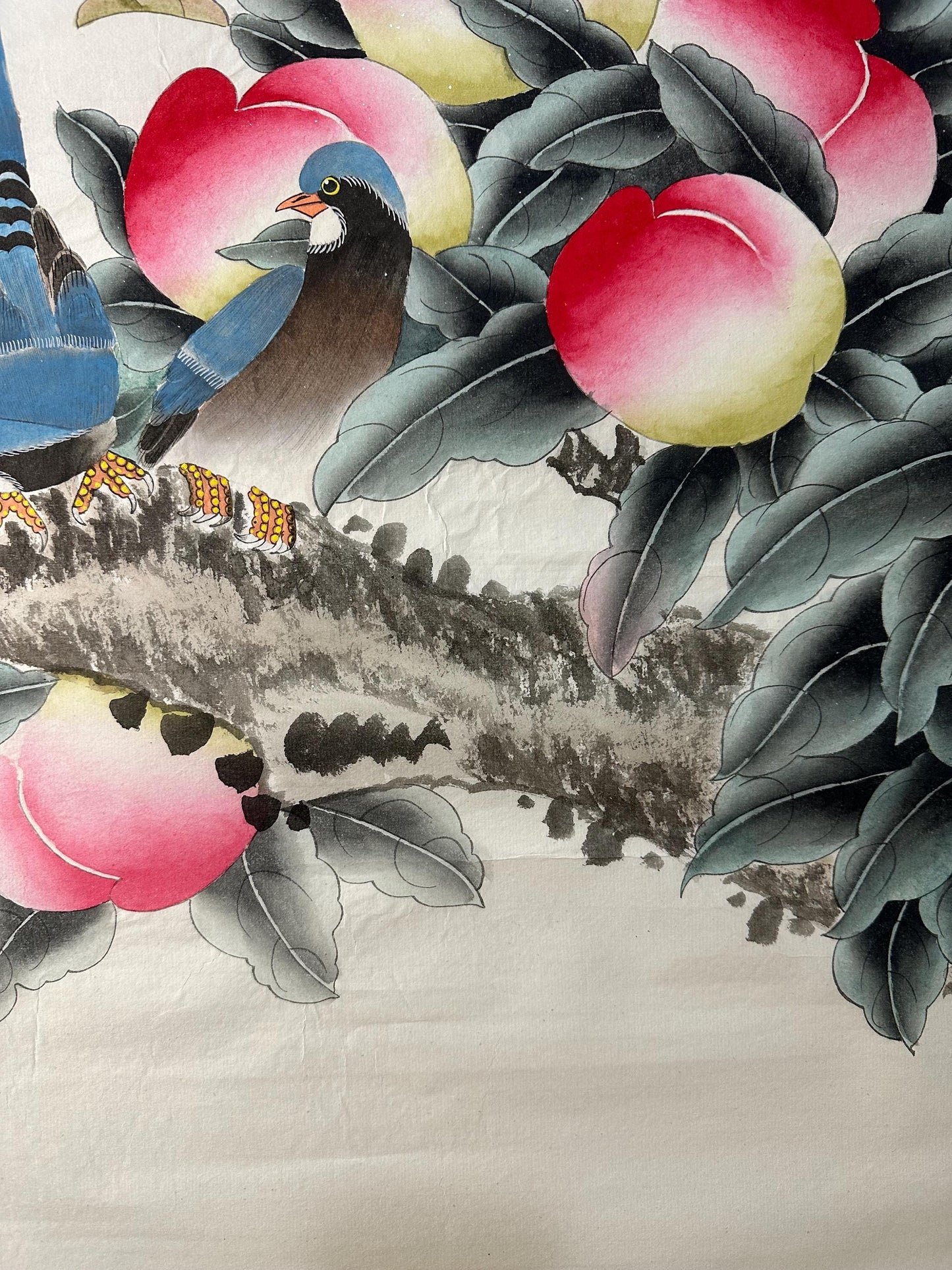 Original Chinese Gongbi Peach Painting with Two Birds, Hand Painted Chinese Art, 26 × 26 Inch