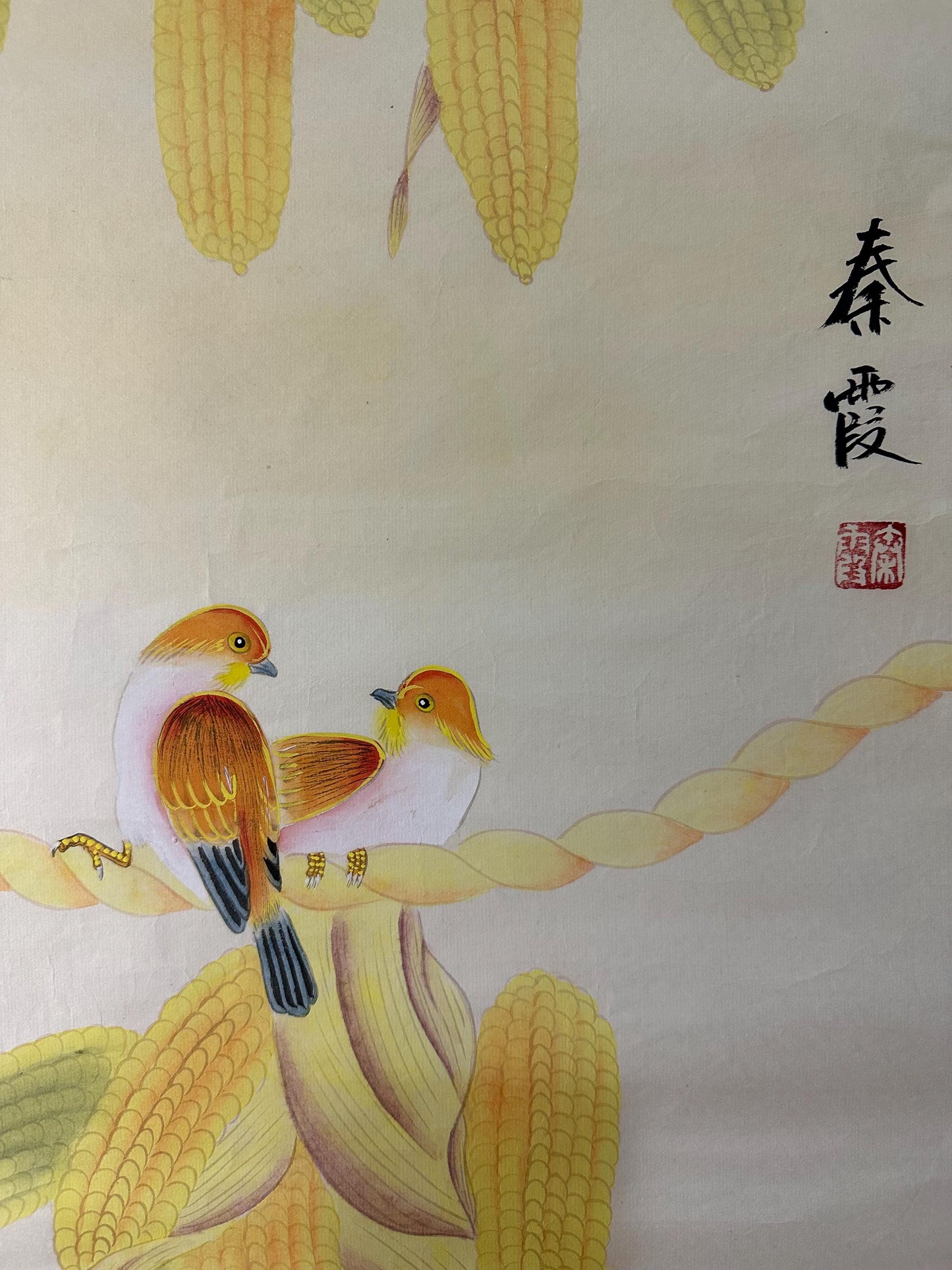 Original Chinese Gongbi Painting – Golden Corn & Pair of Birds, Traditional Fine Art on Rice Paper, 26x26 Inch