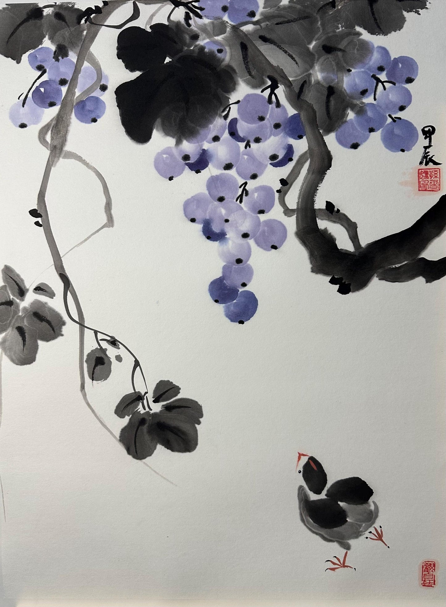 Original Chinese Ink Painting 13x18 Inch, Grapes and Bird Art, Hand Painted Chinese Wall Art, Traditional Ink Wash Painting