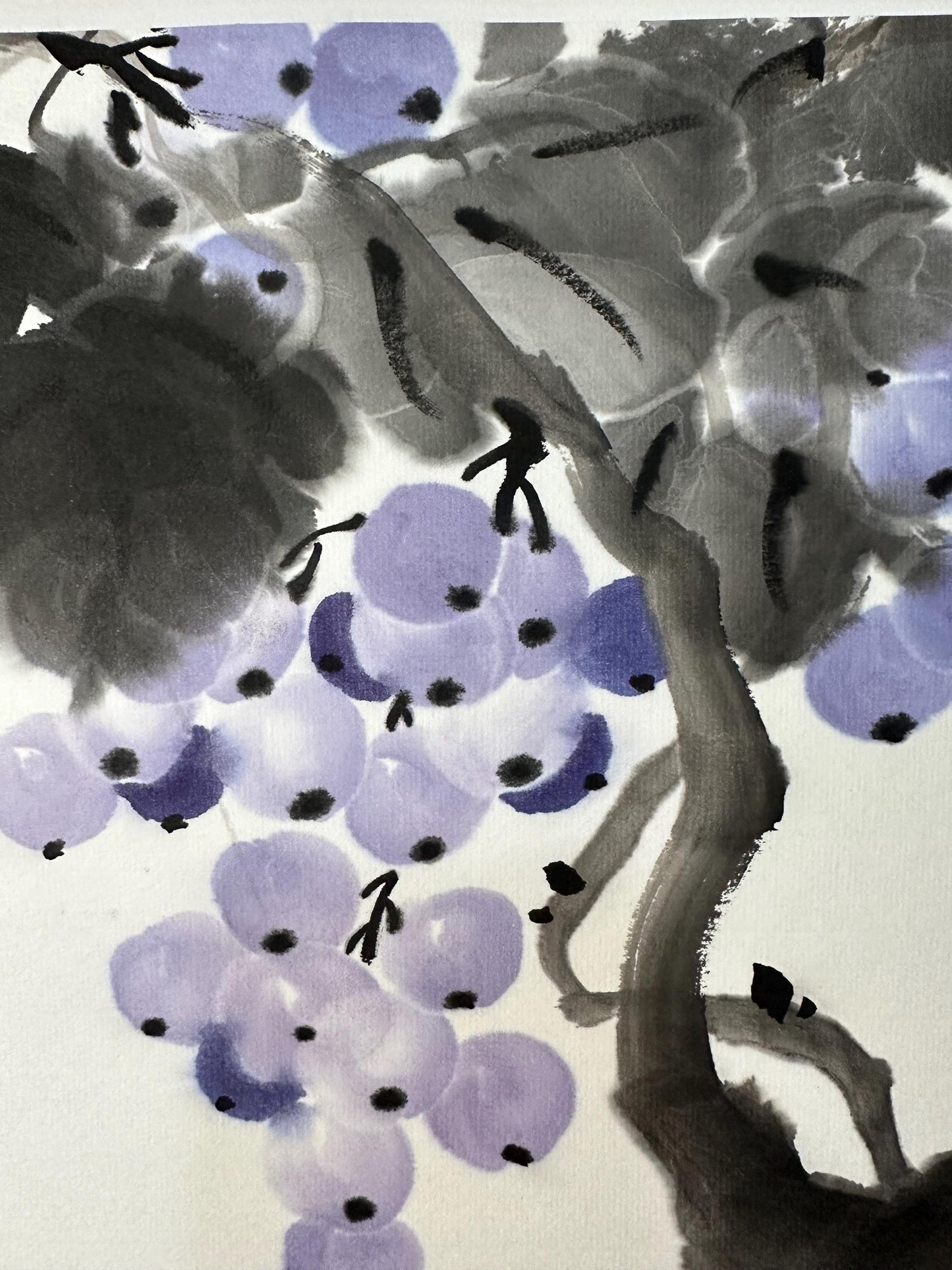 Original Chinese Ink Painting 13x18 Inch, Grapes and Bird Art, Hand Painted Chinese Wall Art, Traditional Ink Wash Painting