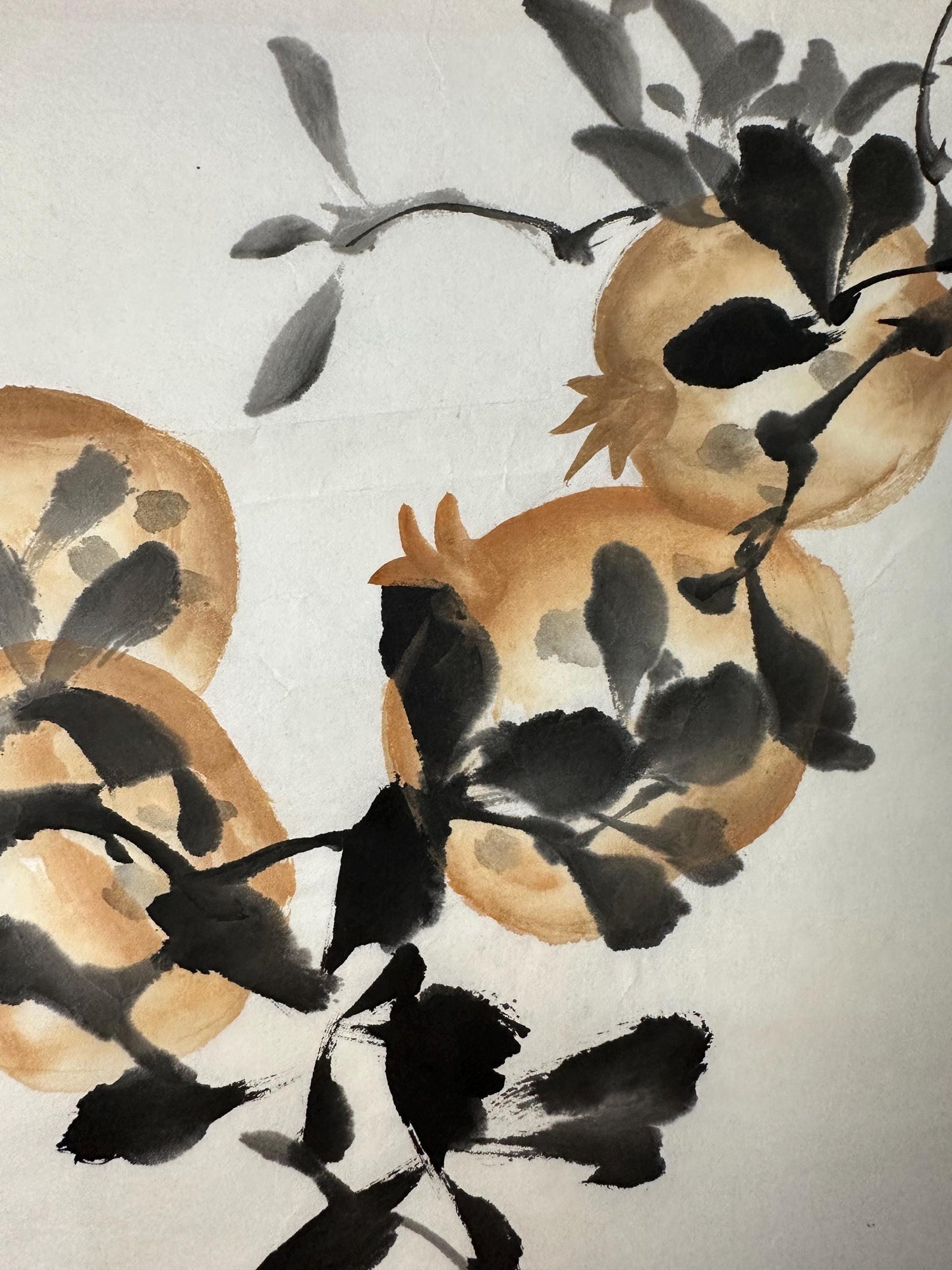 Original Chinese Ink Painting 9x20 Inch, Pomegranate and Bird Art, Hand Painted Chinese Wall Art, Traditional Ink Wash Painting