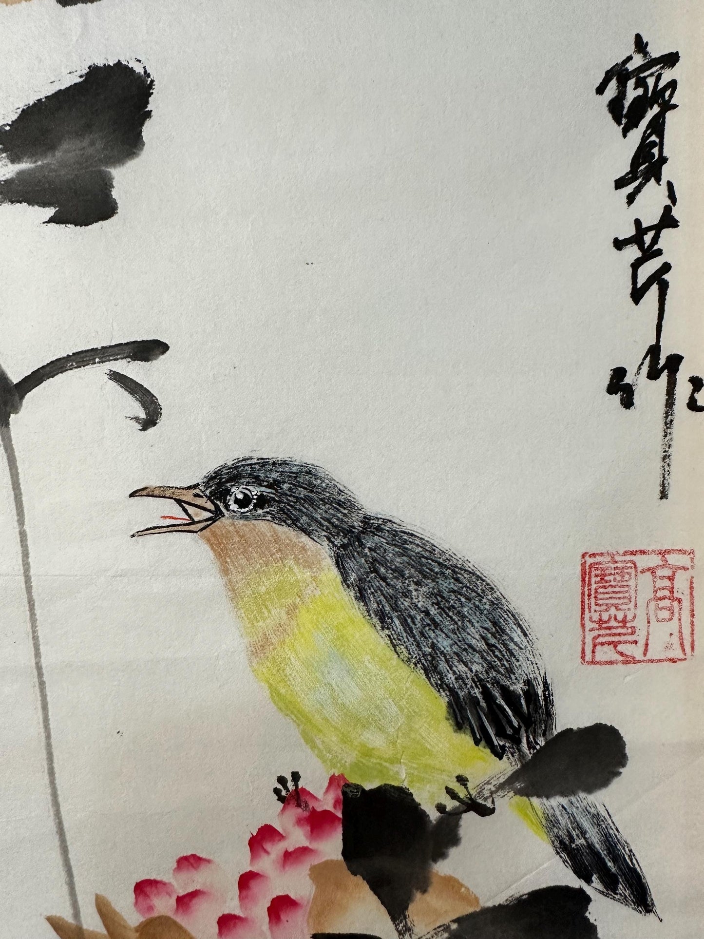 Original Chinese Ink Painting 9x20 Inch, Pomegranate and Bird Art, Hand Painted Chinese Wall Art, Traditional Ink Wash Painting