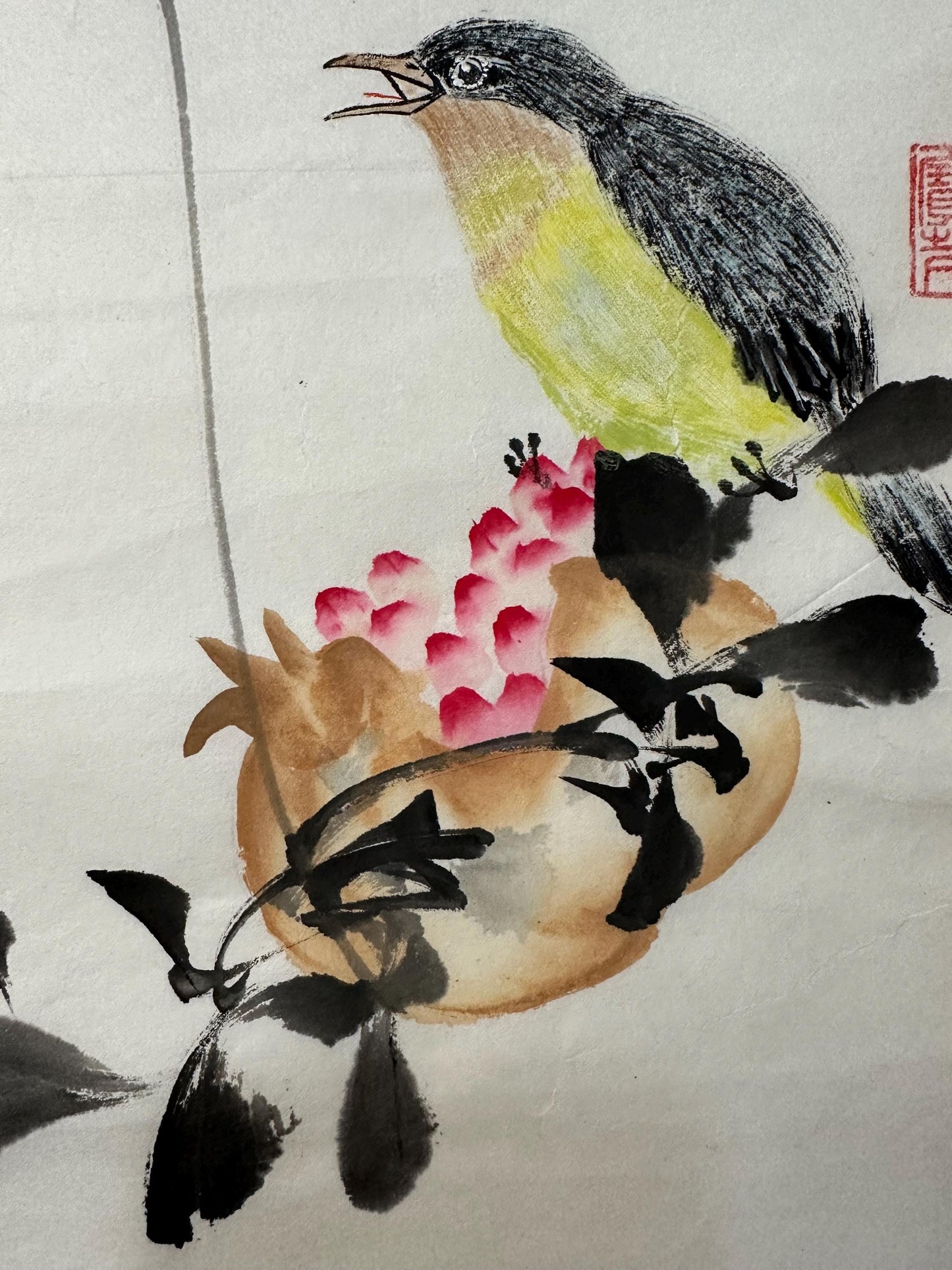 Original Chinese Ink Painting 9x20 Inch, Pomegranate and Bird Art, Hand Painted Chinese Wall Art, Traditional Ink Wash Painting