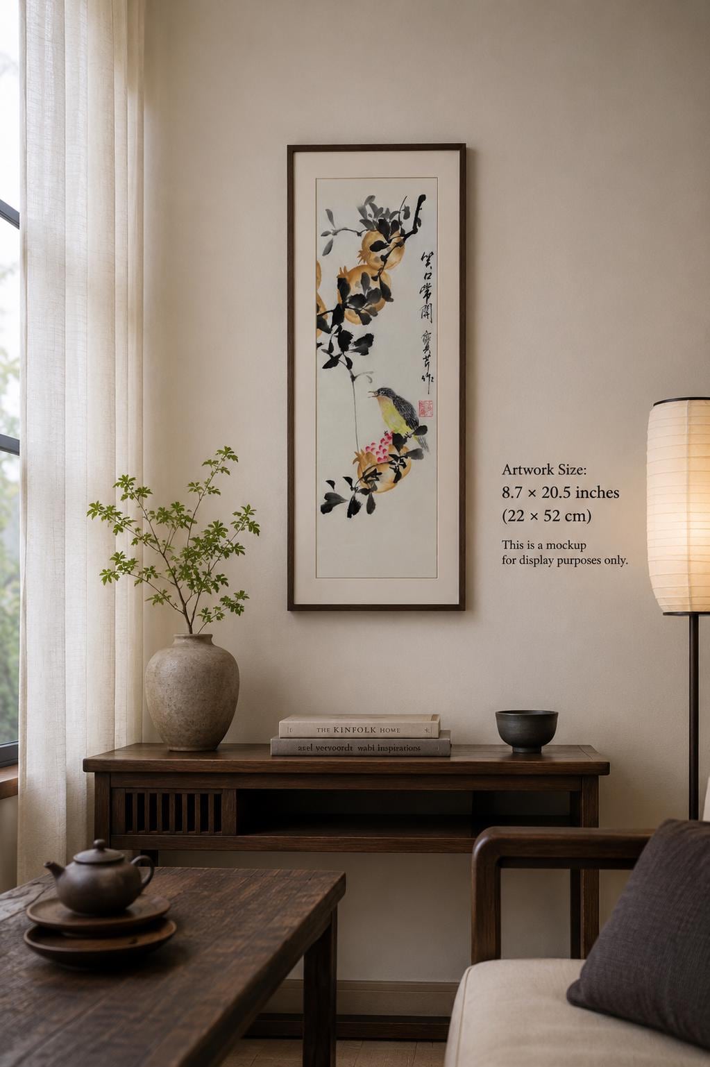 Original Chinese Ink Painting 9x20 Inch, Pomegranate and Bird Art, Hand Painted Chinese Wall Art, Traditional Ink Wash Painting