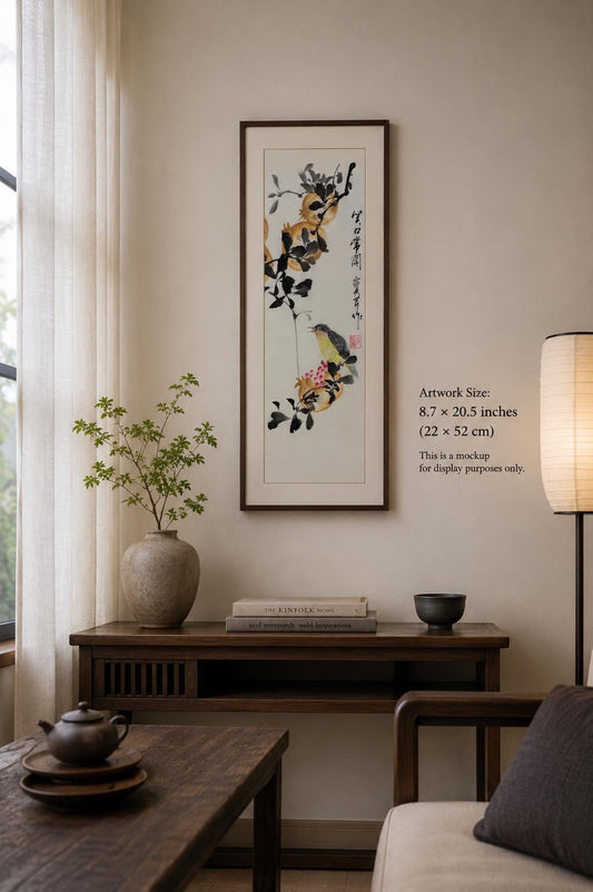 Original Chinese Ink Painting 9x20 Inch, Pomegranate and Bird Art, Hand Painted Chinese Wall Art, Traditional Ink Wash Painting