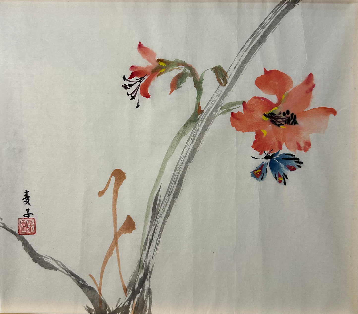 Original Chinese Ink Painting 13x11 Inch, Red Flower and Butterfly Art, Hand Painted Chinese Wall Art, Traditional Botanical Painting