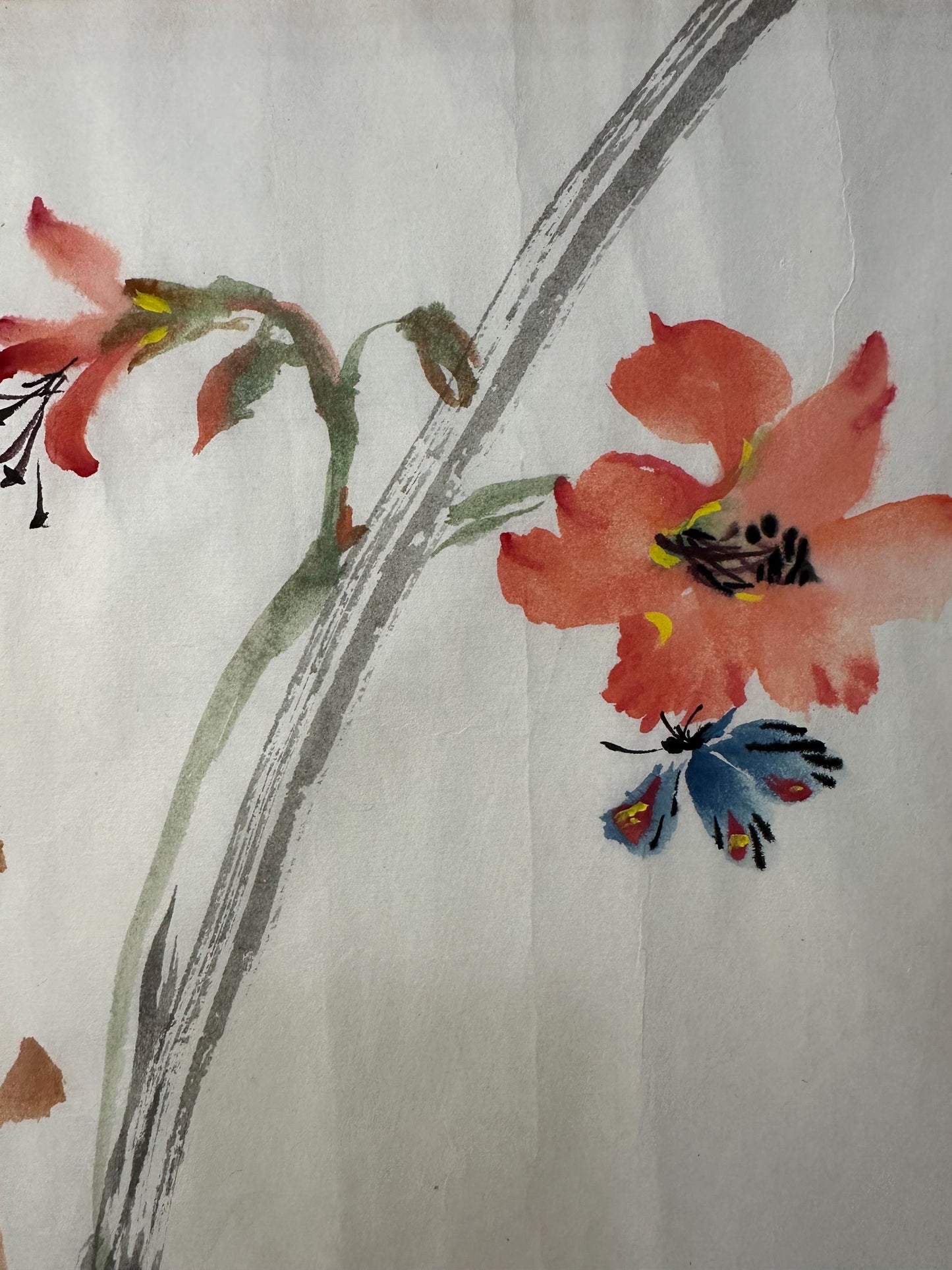 Original Chinese Ink Painting 13x11 Inch, Red Flower and Butterfly Art, Hand Painted Chinese Wall Art, Traditional Botanical Painting