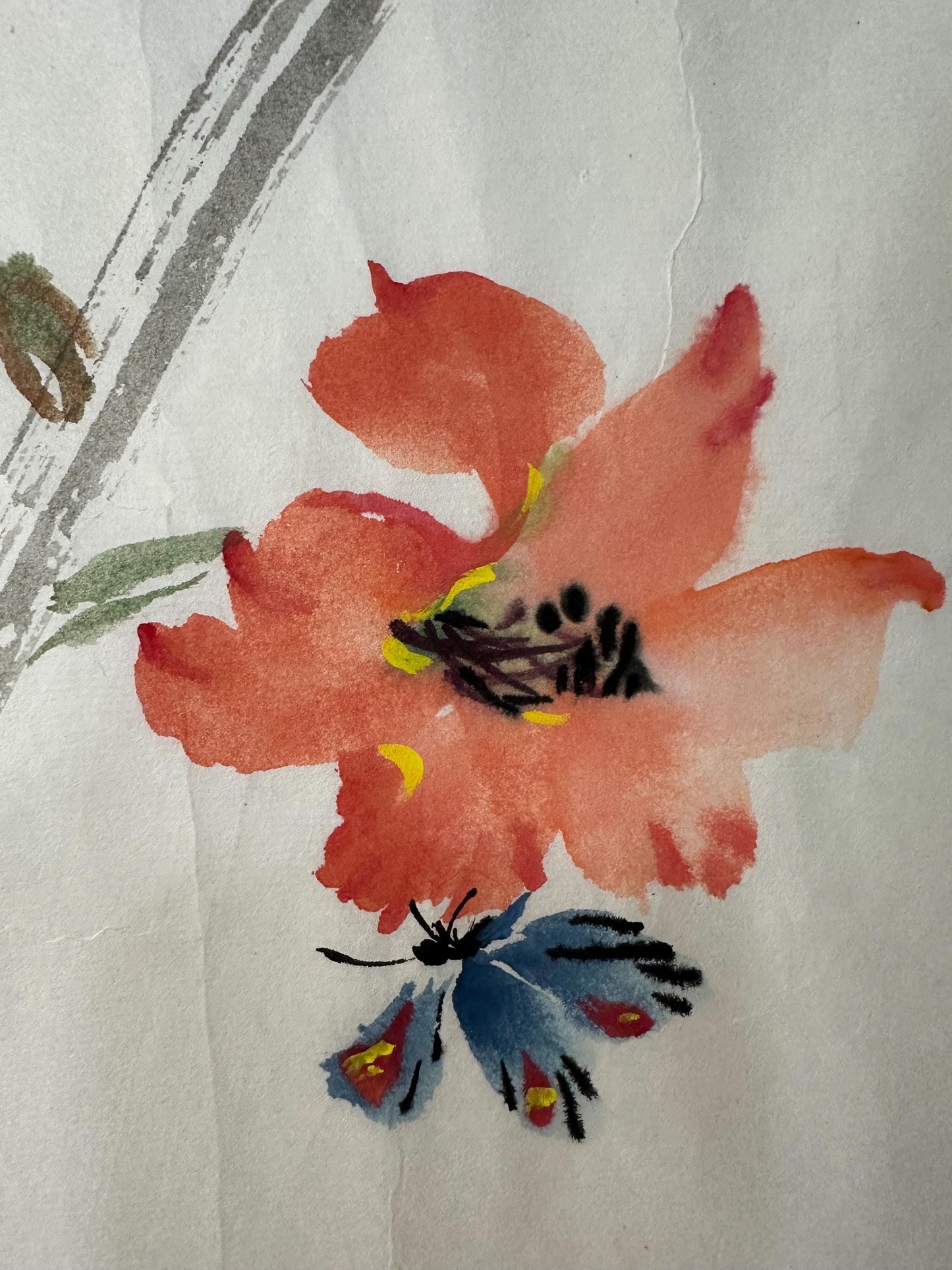 Original Chinese Ink Painting 13x11 Inch, Red Flower and Butterfly Art, Hand Painted Chinese Wall Art, Traditional Botanical Painting
