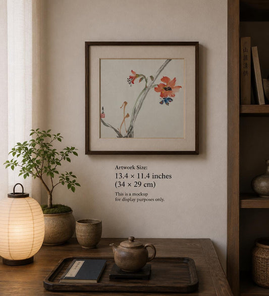 Original Chinese Ink Painting 13x11 Inch, Red Flower and Butterfly Art, Hand Painted Chinese Wall Art, Traditional Botanical Painting