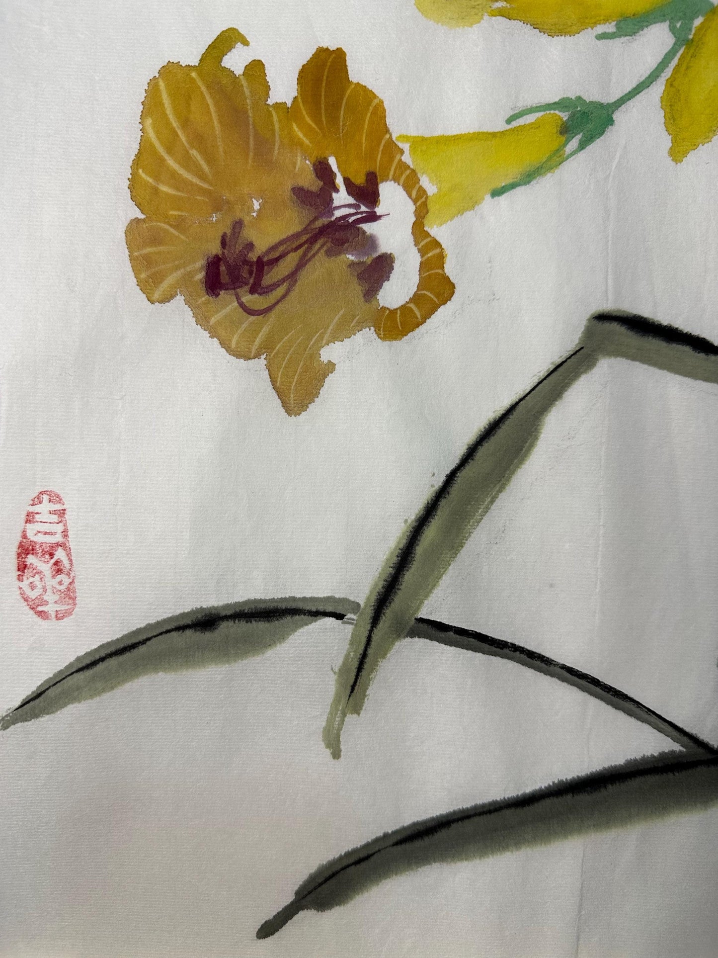 Original Chinese Daylily Painting 13x13 Inch, Yellow Flower Ink Art, Hand Painted Chinese Wall Art, Traditional Floral Painting