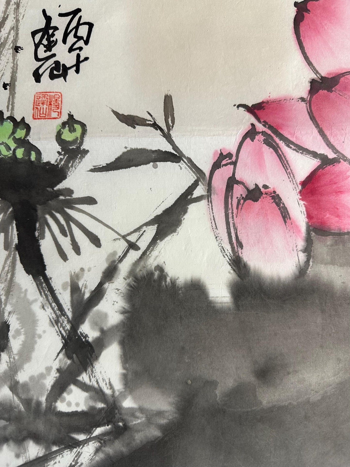Original Chinese Lotus Painting 14x27 Inch, Pink Lotus Ink Art, Hand Painted Chinese Wall Art, Traditional Floral Painting