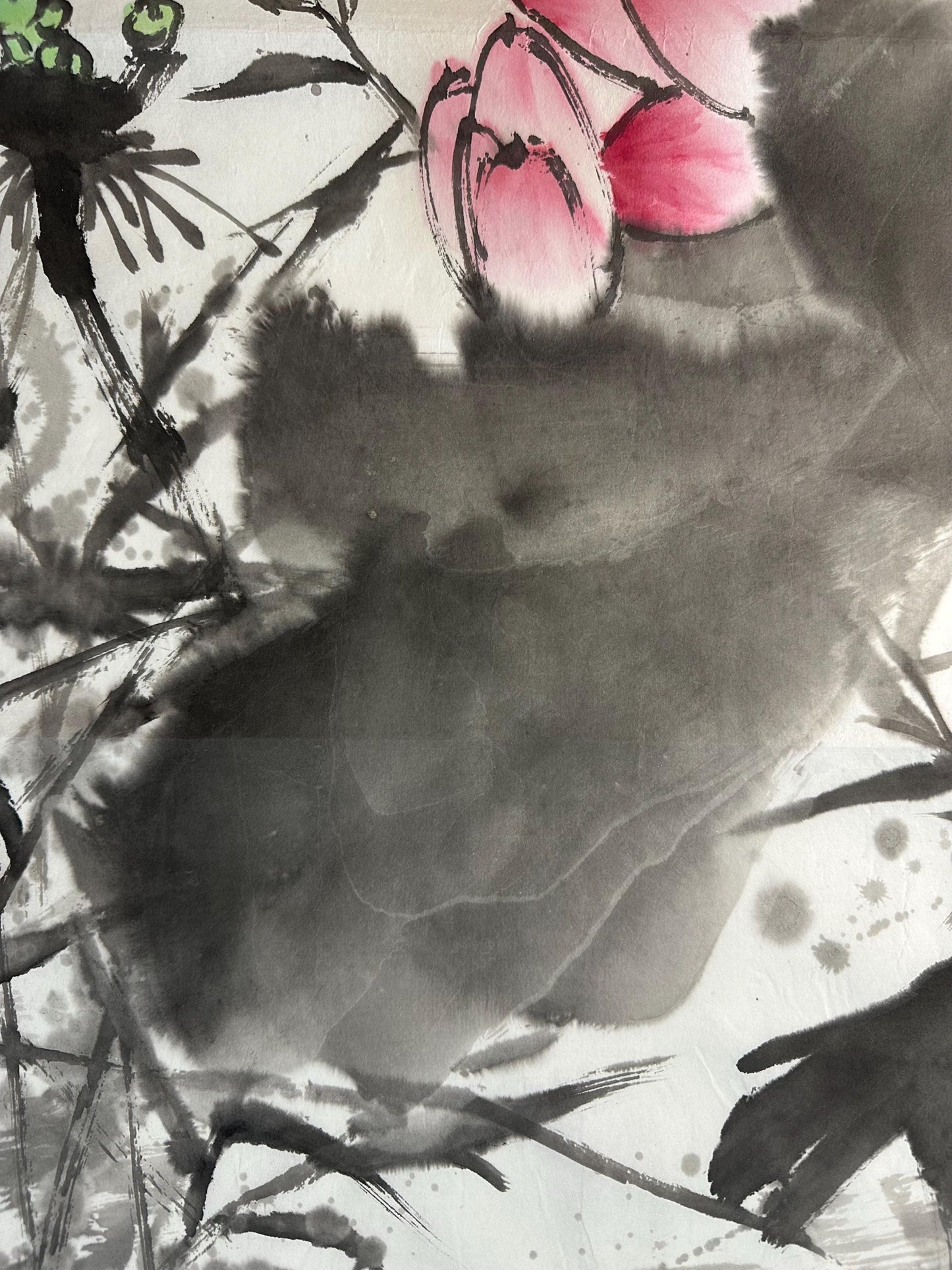 Original Chinese Lotus Painting 14x27 Inch, Pink Lotus Ink Art, Hand Painted Chinese Wall Art, Traditional Floral Painting
