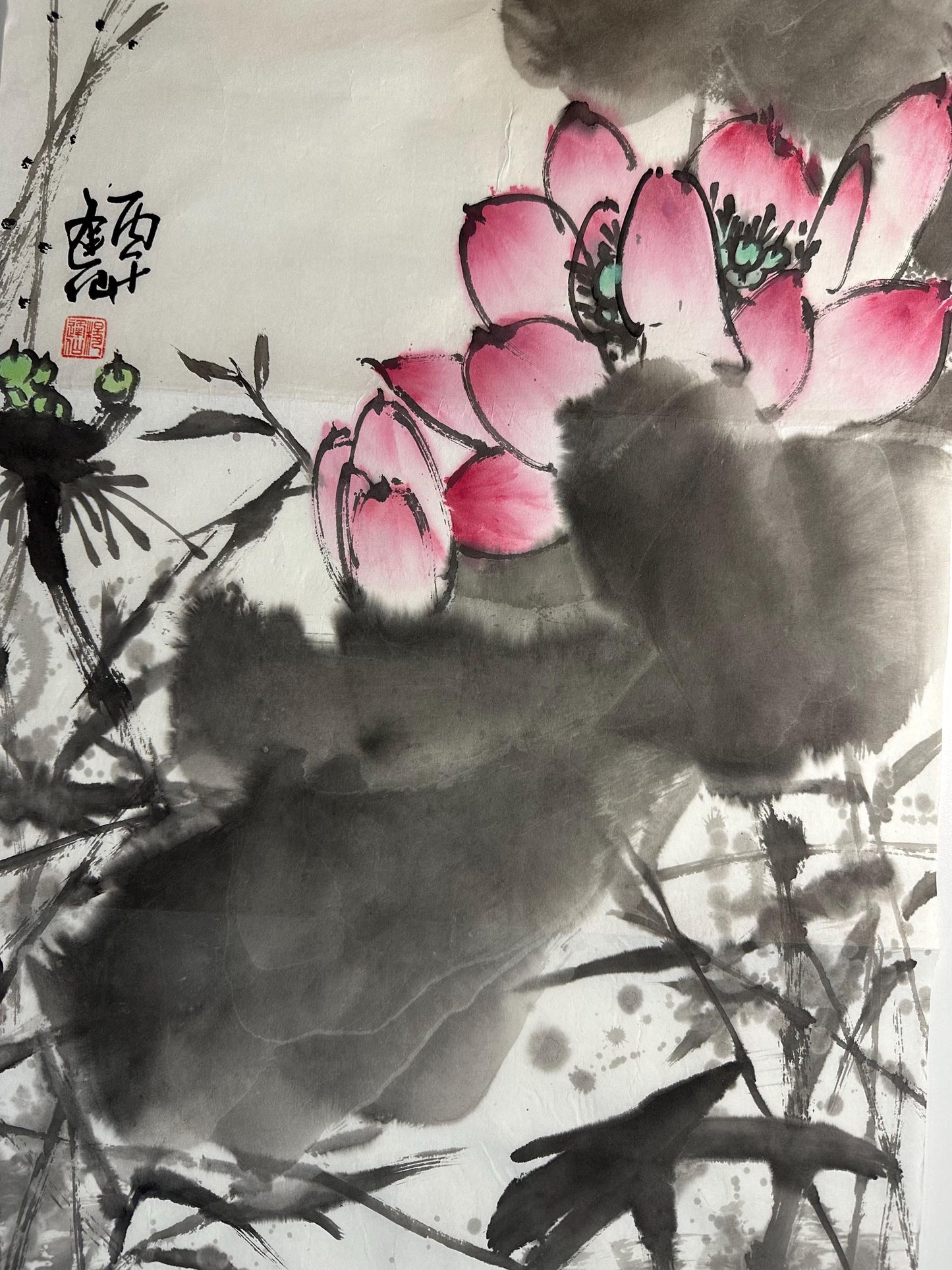 Original Chinese Lotus Painting 14x27 Inch, Pink Lotus Ink Art, Hand Painted Chinese Wall Art, Traditional Floral Painting