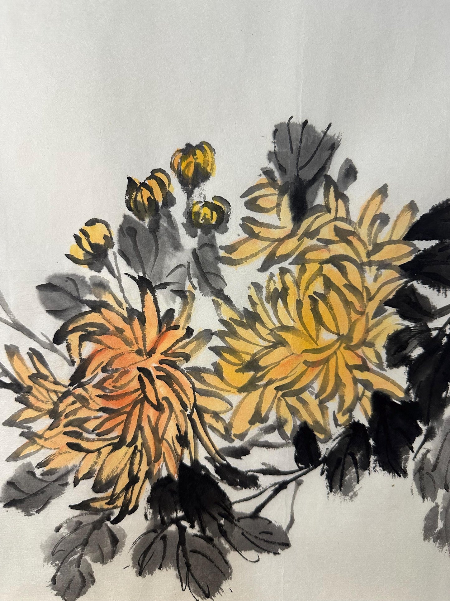 Original Chinese Chrysanthemum Painting 17x13 Inch, Yellow Chrysanthemum Ink Art, Hand Painted Chinese Wall Art, Traditional Floral Painting