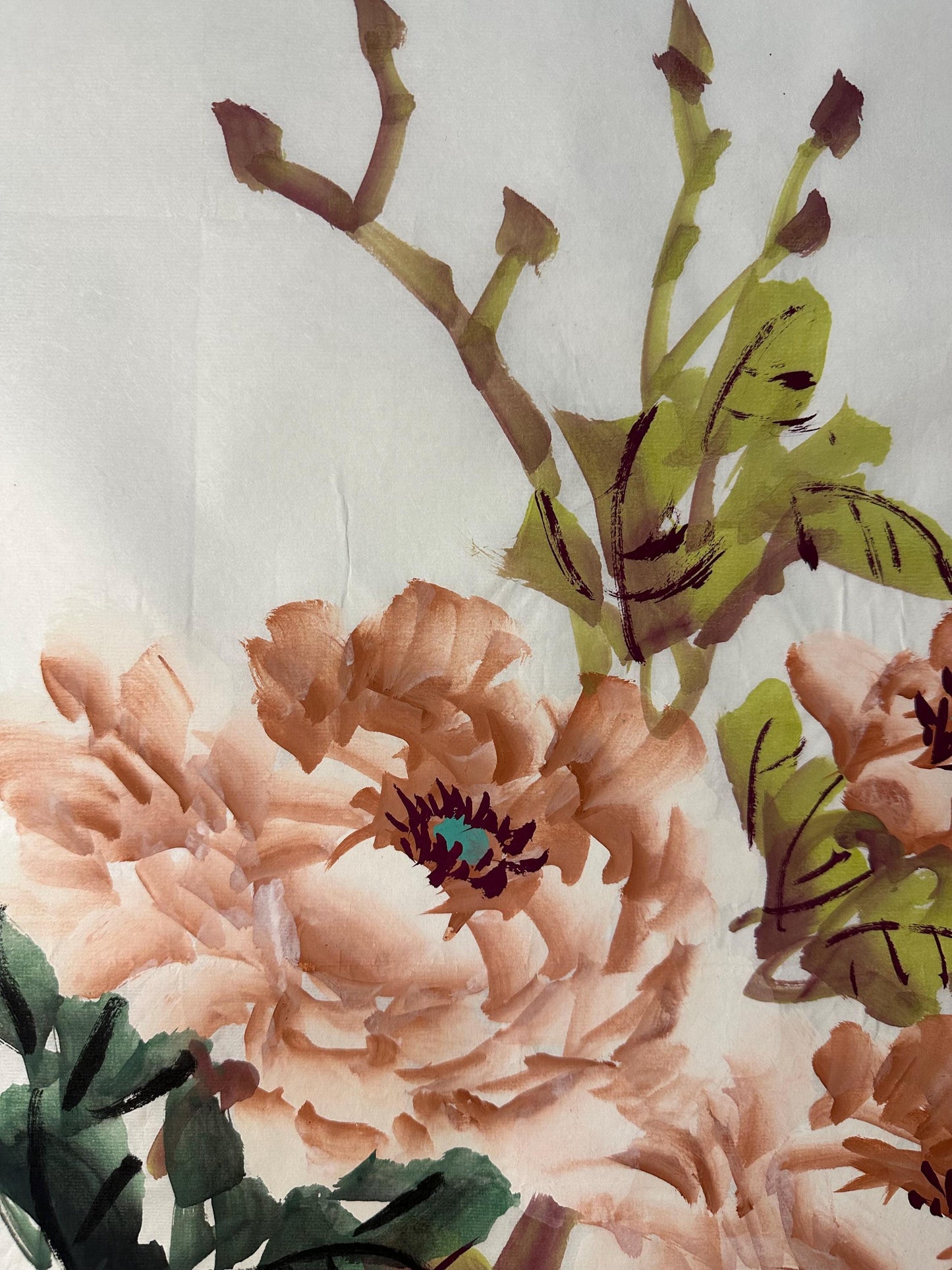 Original Chinese Peony Painting 14x27 Inch, Peach Peony Ink Art, Hand Painted Chinese Wall Art, Traditional Floral Painting