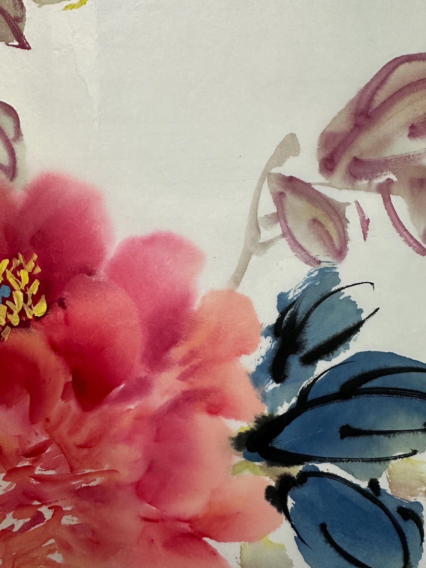 Original Chinese Peony Painting 27x13 Inch, Pink Red Peony Ink Art, Hand Painted Chinese Wall Art, Traditional Floral Painting