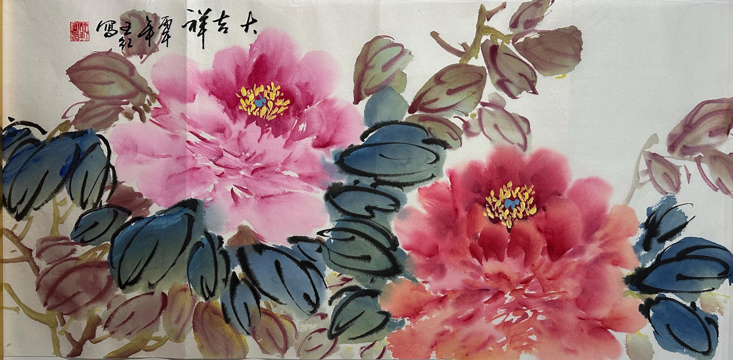Original Chinese Peony Painting 27x13 Inch, Pink Red Peony Ink Art, Hand Painted Chinese Wall Art, Traditional Floral Painting