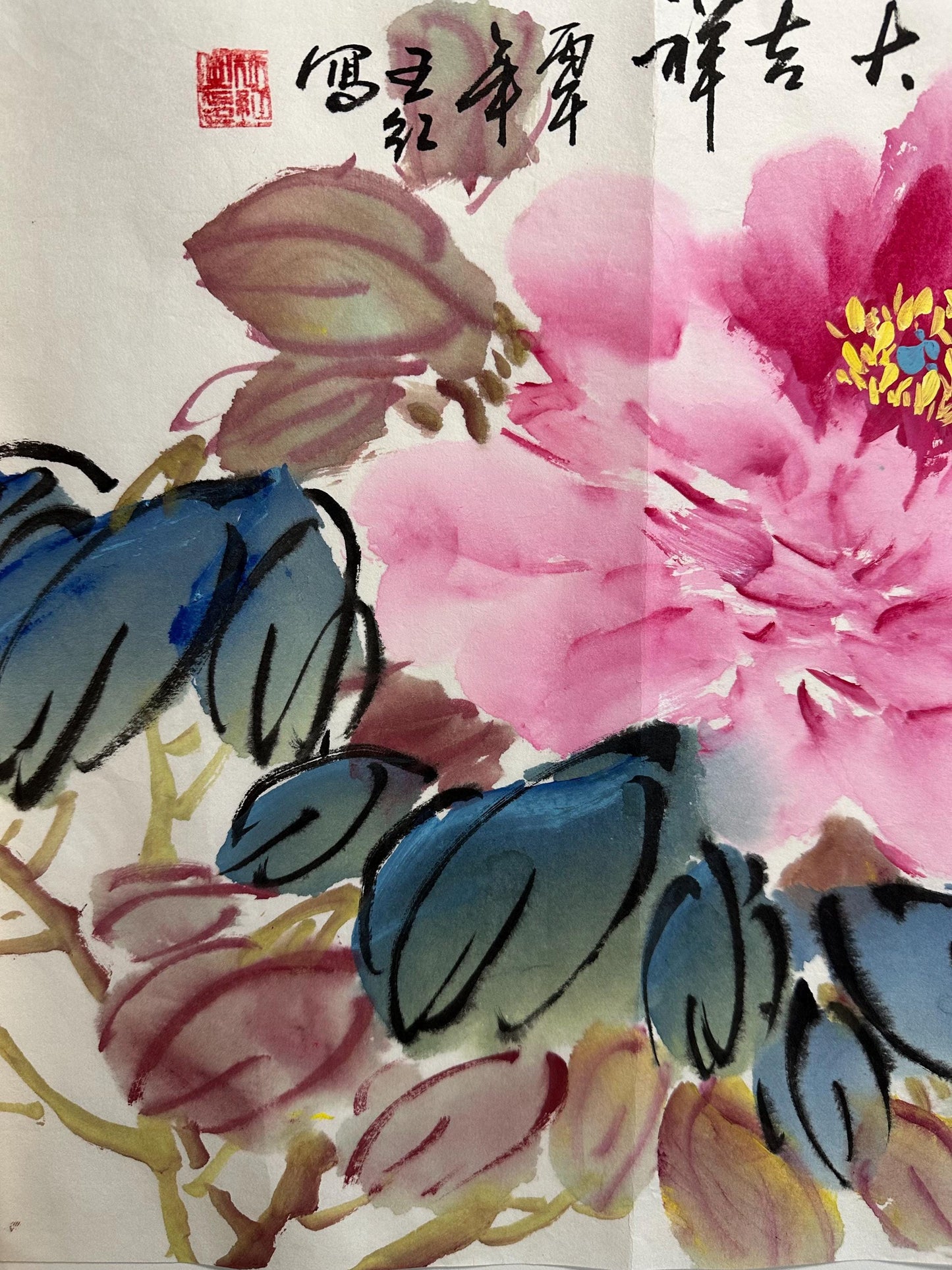 Original Chinese Peony Painting 27x13 Inch, Pink Red Peony Ink Art, Hand Painted Chinese Wall Art, Traditional Floral Painting