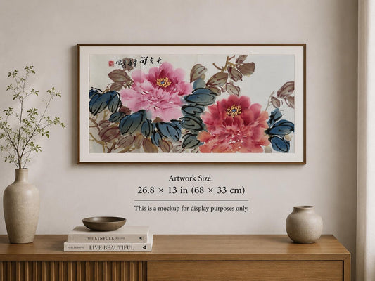 Original Chinese Peony Painting 27x13 Inch, Pink Red Peony Ink Art, Hand Painted Chinese Wall Art, Traditional Floral Painting