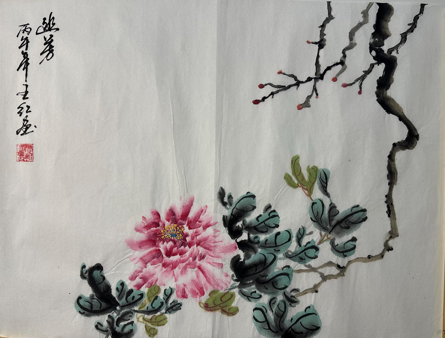 Original Chinese Floral Painting, Quiet Fragrance Ink Art, Pink Flower Painting, Hand Painted Chinese Wall Art