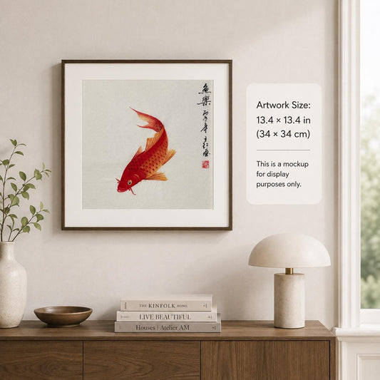 Hand-Painted Red Carp Ink Art, Traditional Chinese Wall Art (13.4 x 13.4 inches)