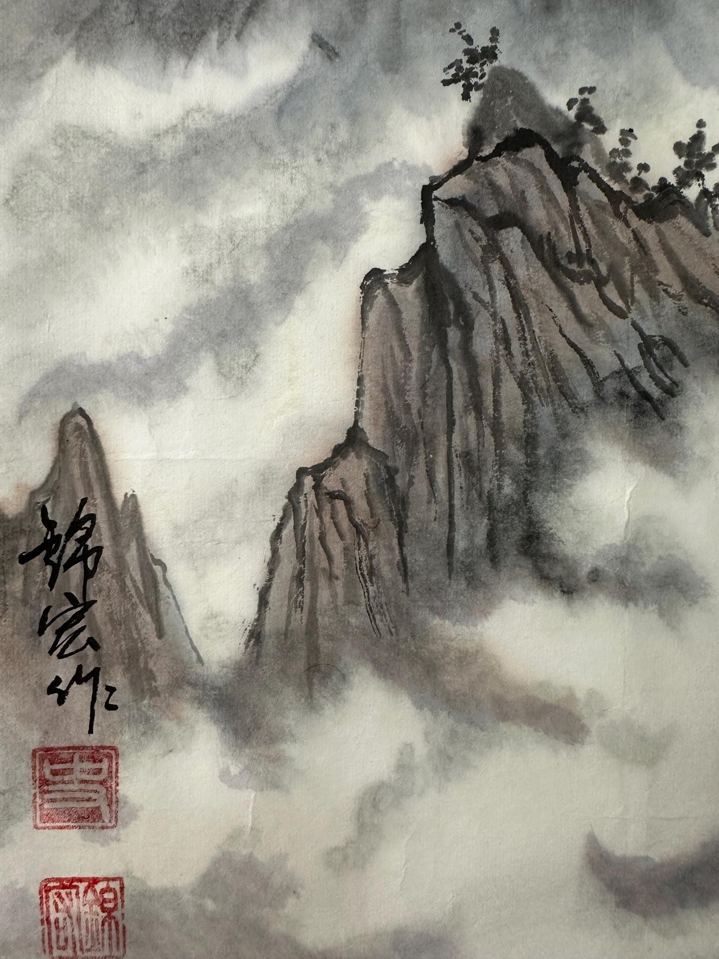 Original Chinese Mountain Painting, Misty Landscape Ink Art, Small Chinese Wall Art, Hand Painted Mountain Landscape