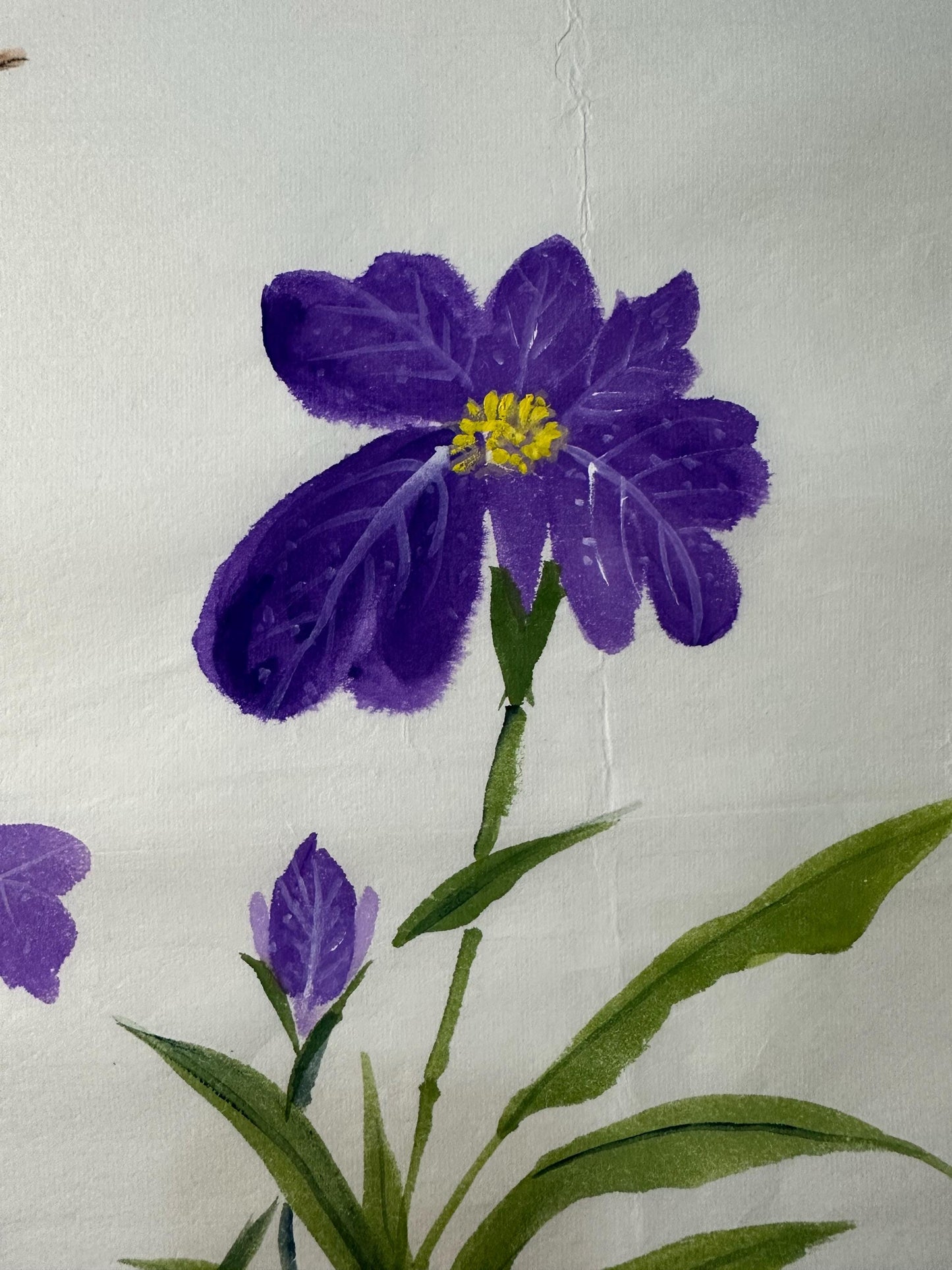 Original Chinese Floral Painting, Purple Flowers & Butterfly, 13.4 × 17.7 Inch