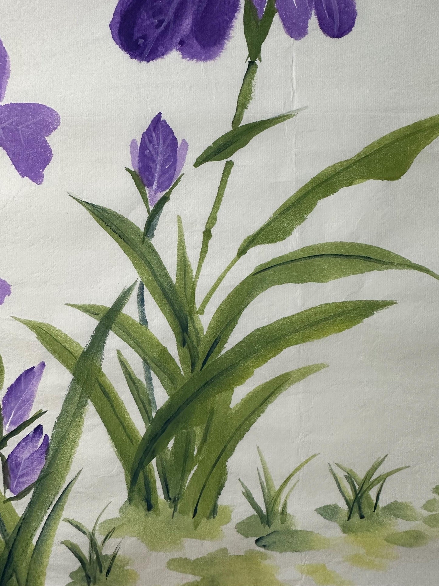 Original Chinese Floral Painting, Purple Flowers & Butterfly, 13.4 × 17.7 Inch