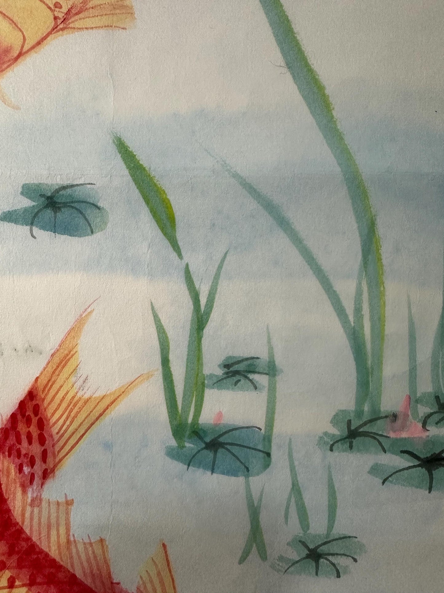 Original Chinese Koi Painting, Three Red Carp, Yearly Abundance, 13.4 × 25.6 Inch