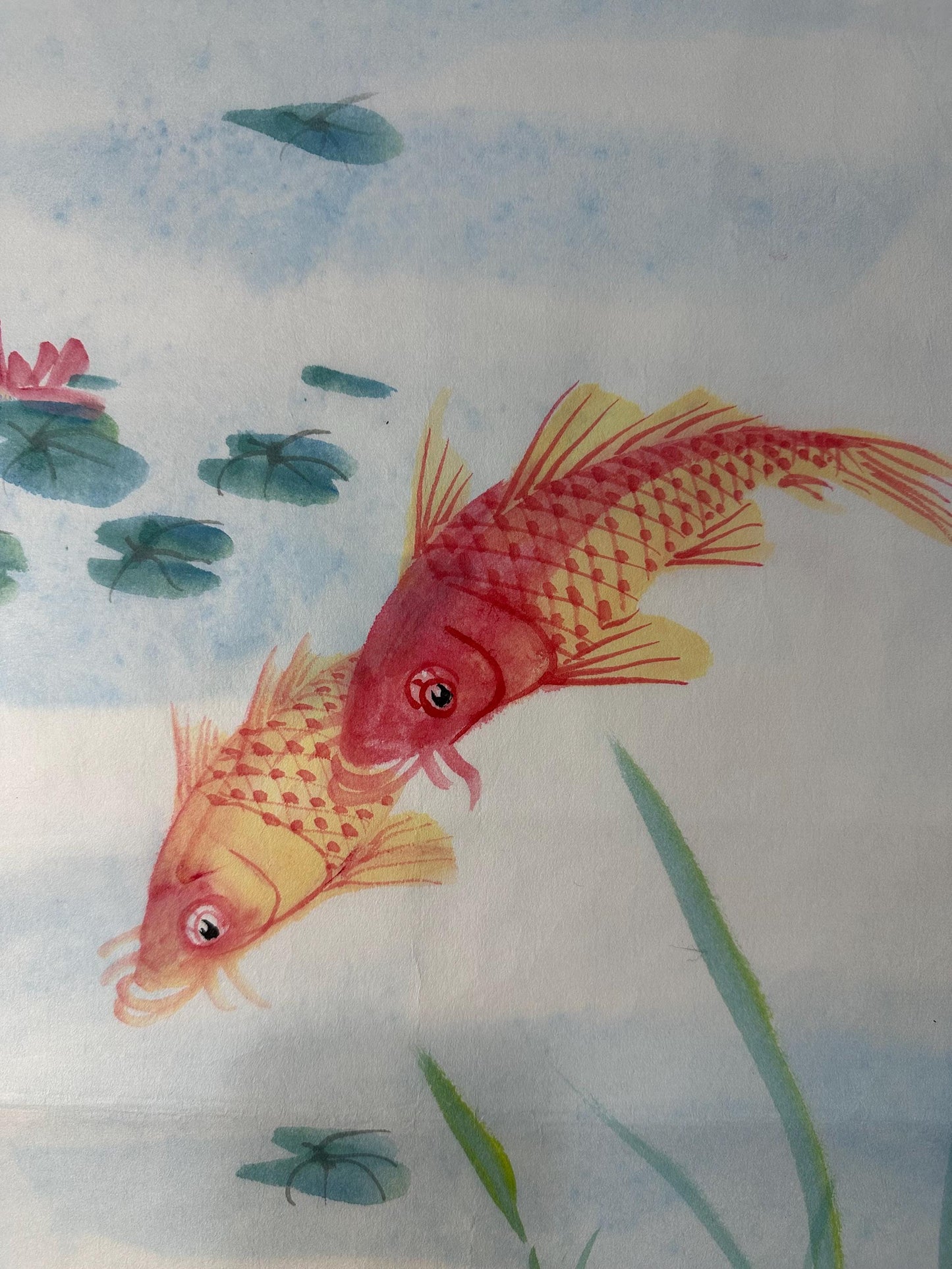 Original Chinese Koi Painting, Three Red Carp, Yearly Abundance, 13.4 × 25.6 Inch
