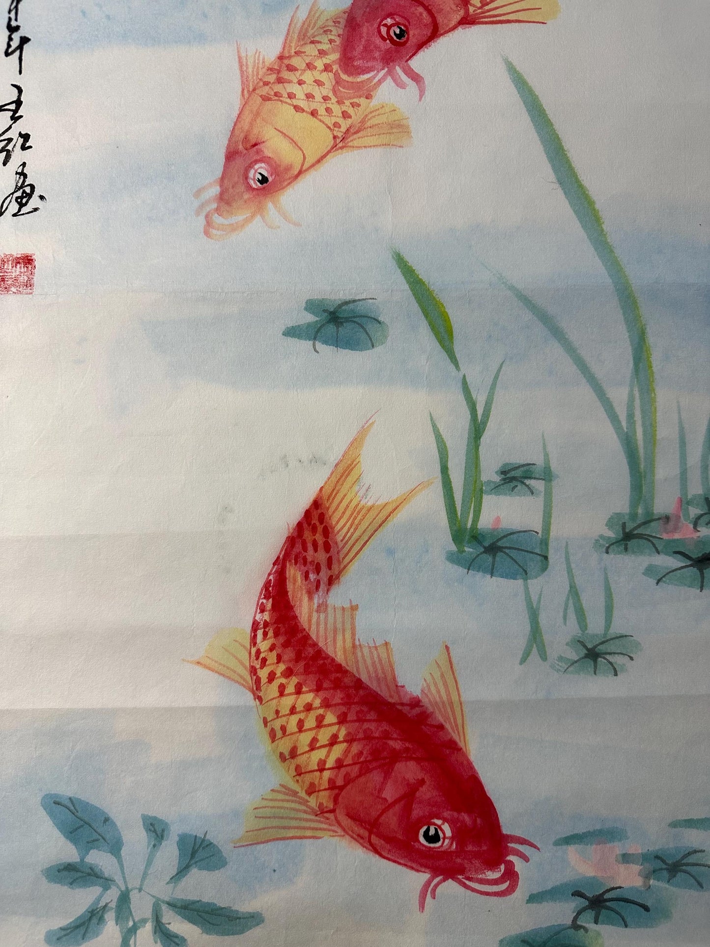Original Chinese Koi Painting, Three Red Carp, Yearly Abundance, 13.4 × 25.6 Inch