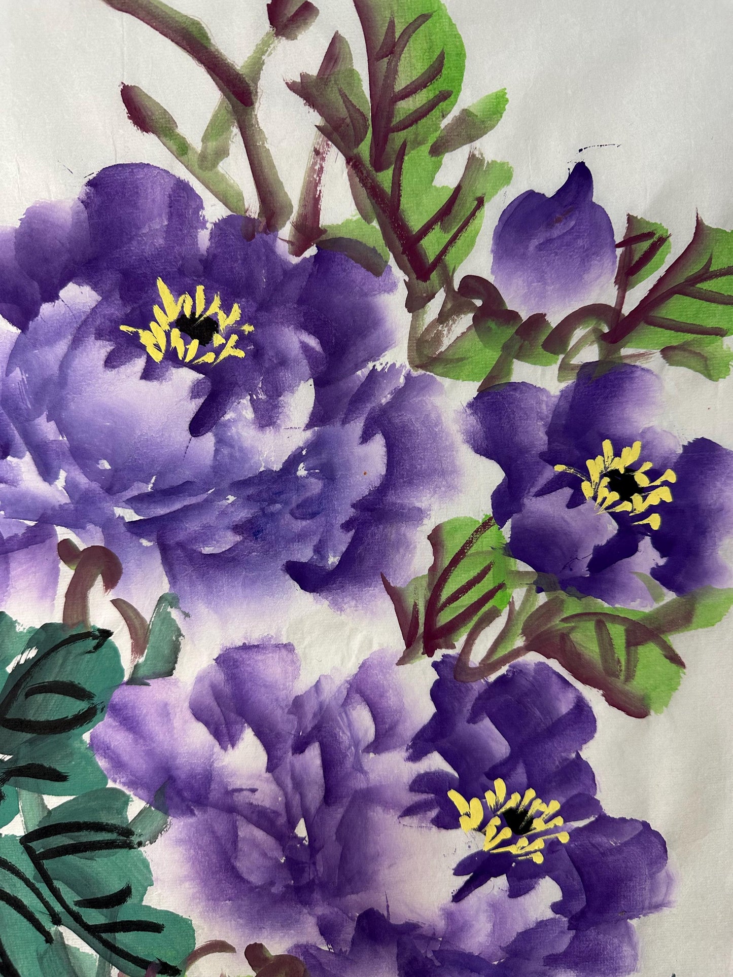 Original Chinese Peony Painting, Purple Flowers, Wealth & Honor (13.8 × 27.2 Inch)