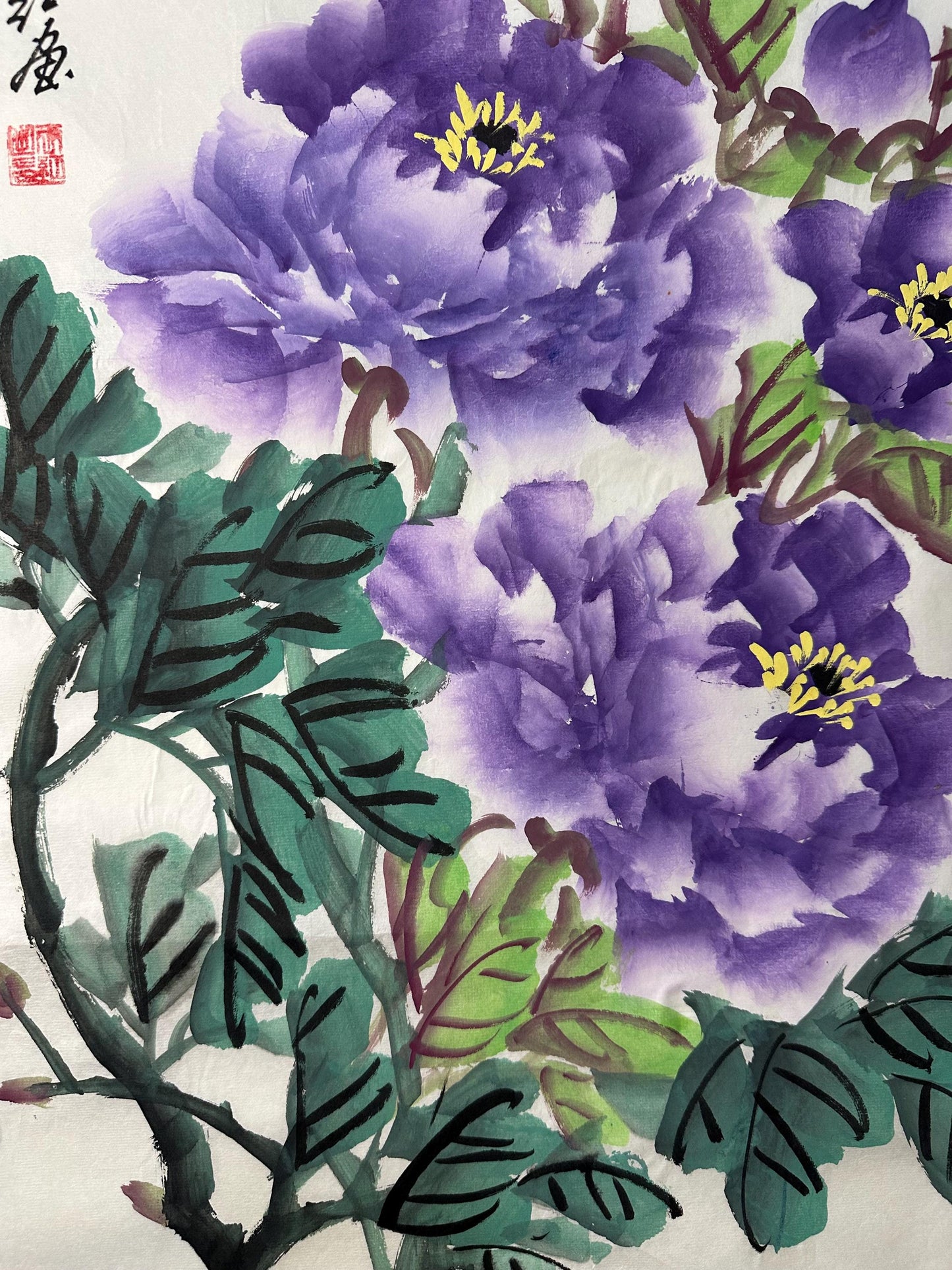 Original Chinese Peony Painting, Purple Flowers, Wealth & Honor (13.8 × 27.2 Inch)