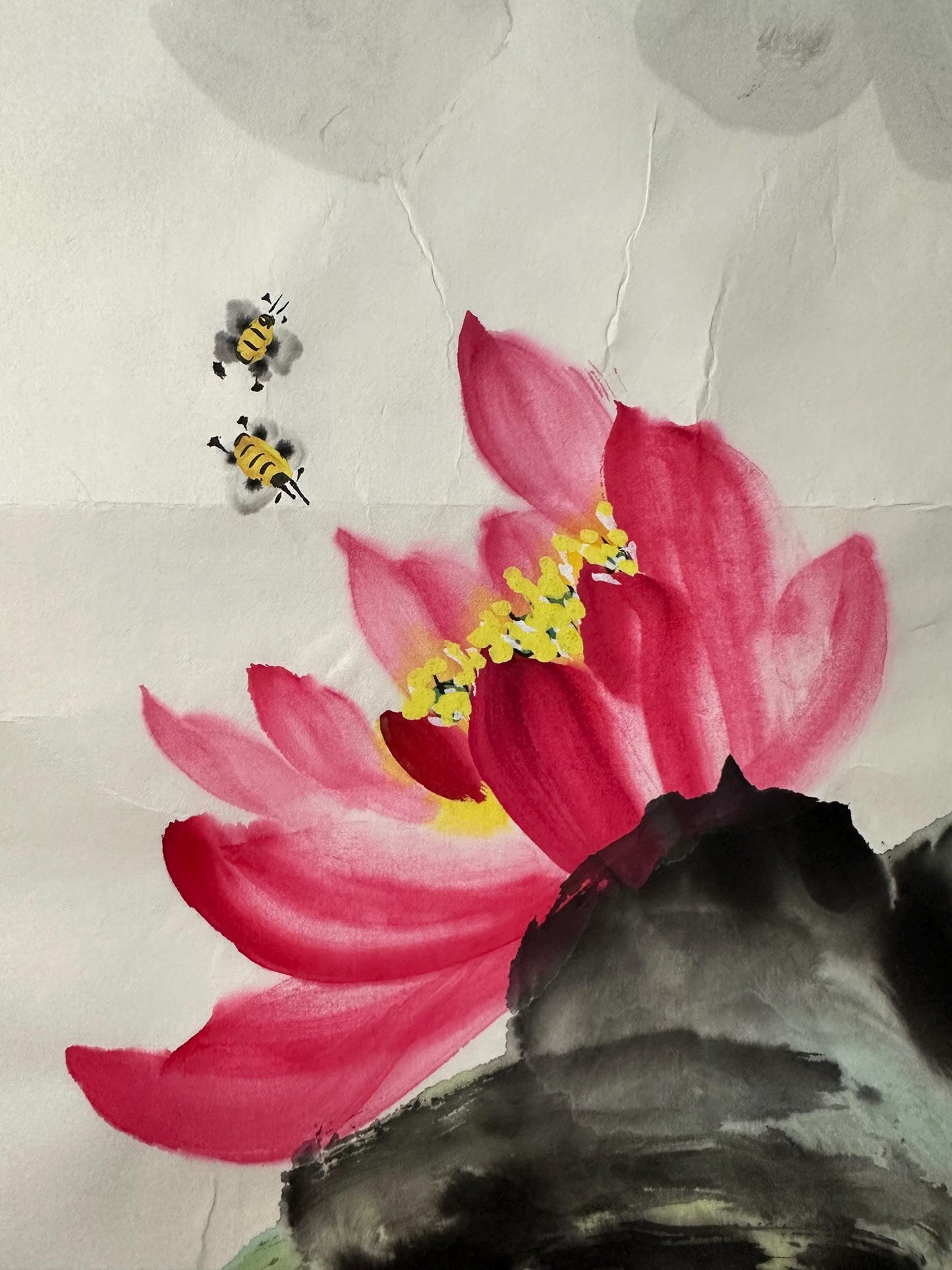 Original Chinese Lotus Painting, Pink Lotus & Bees, Lotus Pond Art, 13.4 × 13.4 Inch