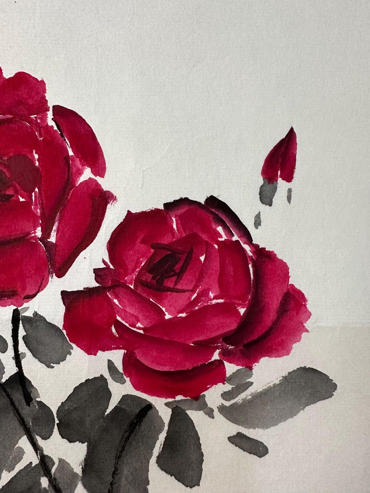 Original Chinese Rose Painting, Red Roses, Beautiful Moments, 13.4 × 13.4 Inch