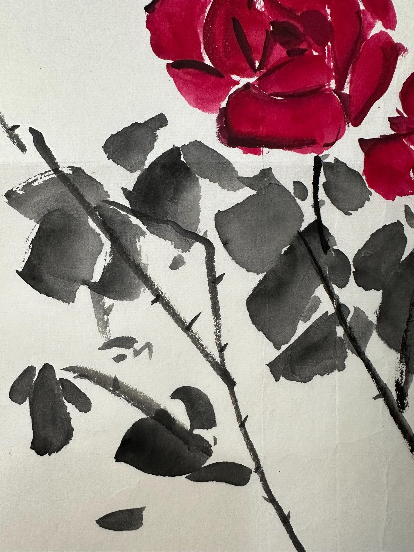 Original Chinese Rose Painting, Red Roses, Beautiful Moments, 13.4 × 13.4 Inch