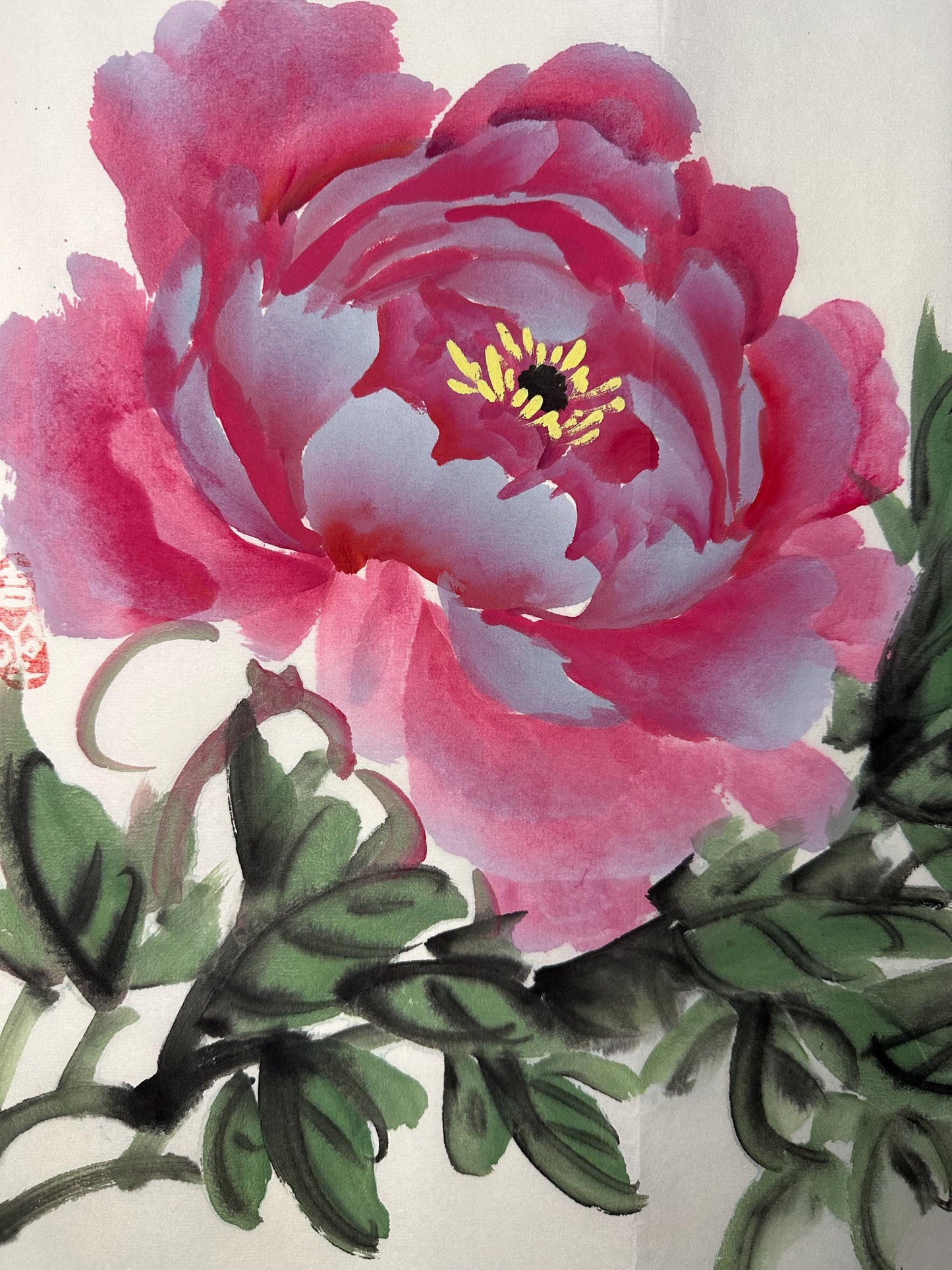 Original Chinese Peony Painting, Pink Floral Art, Hand Painted, 13.4 × 13.4 Inch