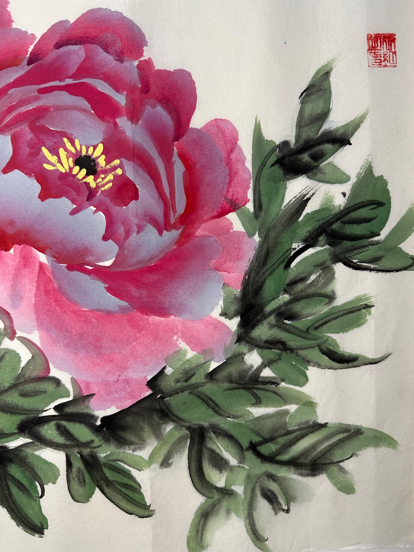 Original Chinese Peony Painting, Pink Floral Art, Hand Painted, 13.4 × 13.4 Inch