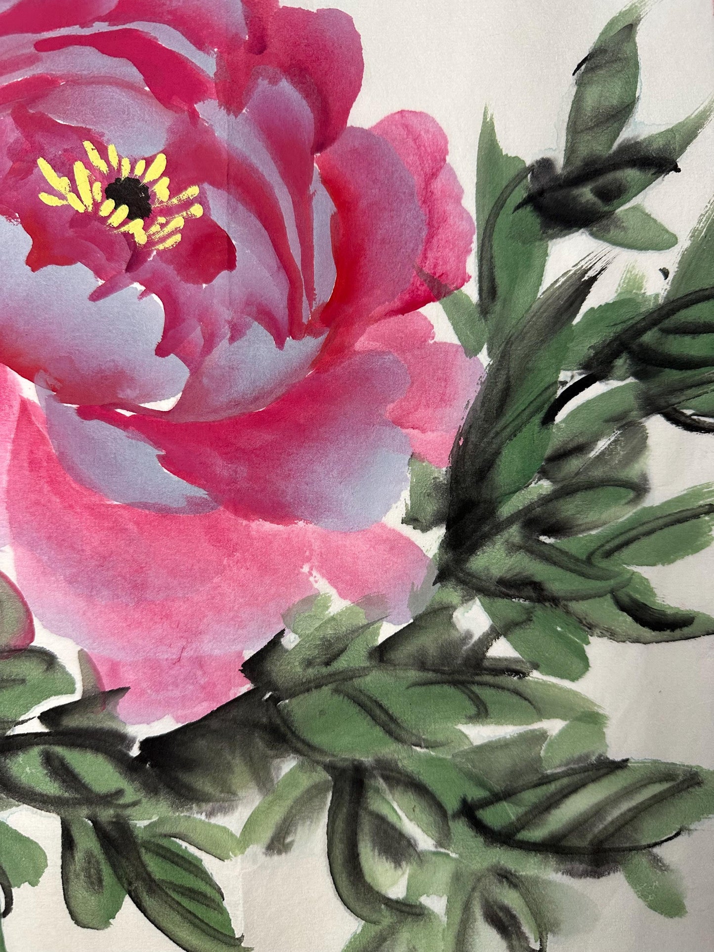 Original Chinese Peony Painting, Pink Floral Art, Hand Painted, 13.4 × 13.4 Inch