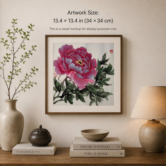 Original Chinese Peony Painting, Pink Floral Art, Hand Painted, 13.4 × 13.4 Inch