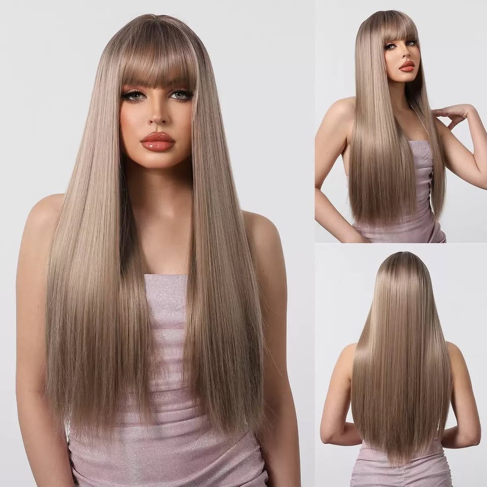 Ash brown long straight synthetic wig with bangs, model views