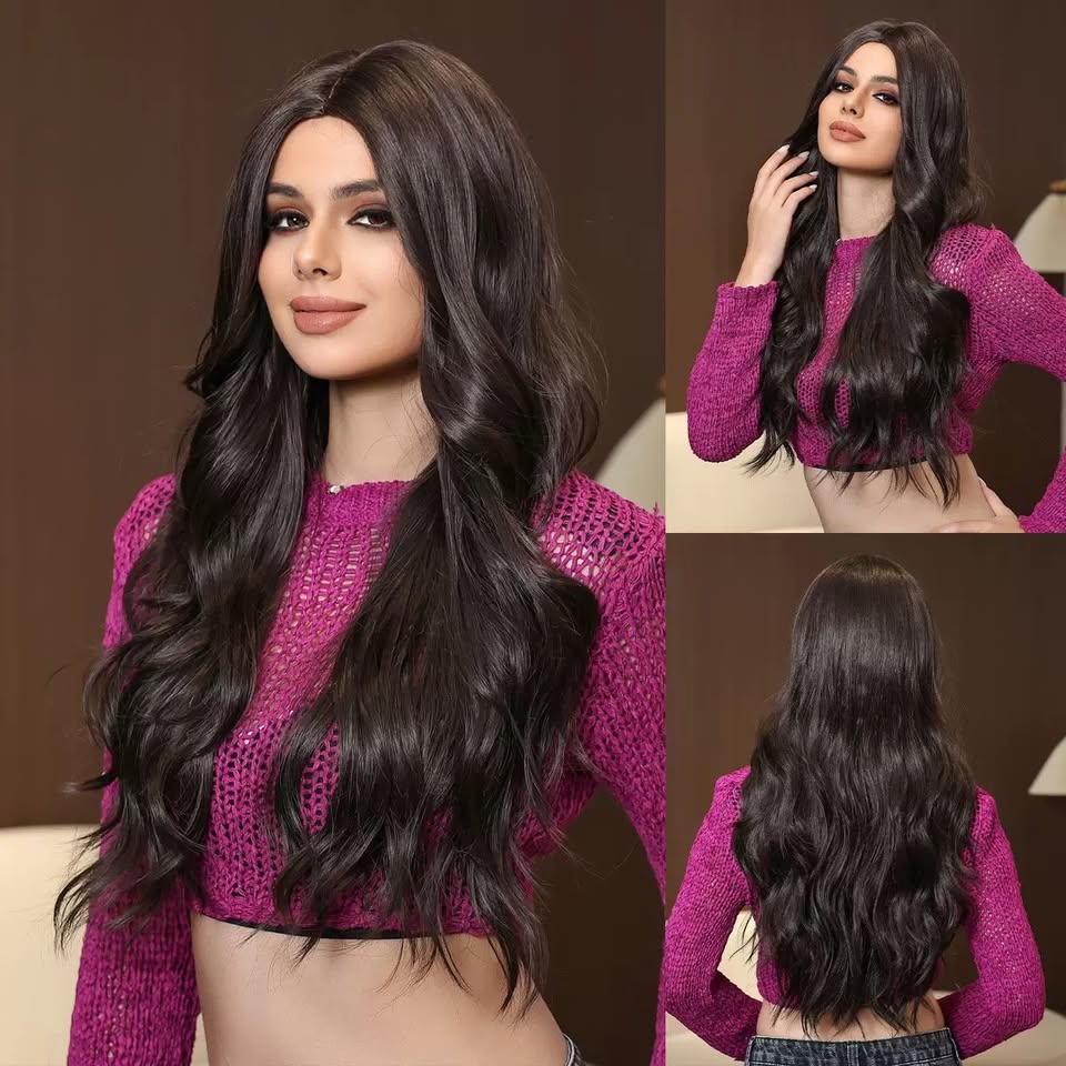 Dark long wavy synthetic wig, model views